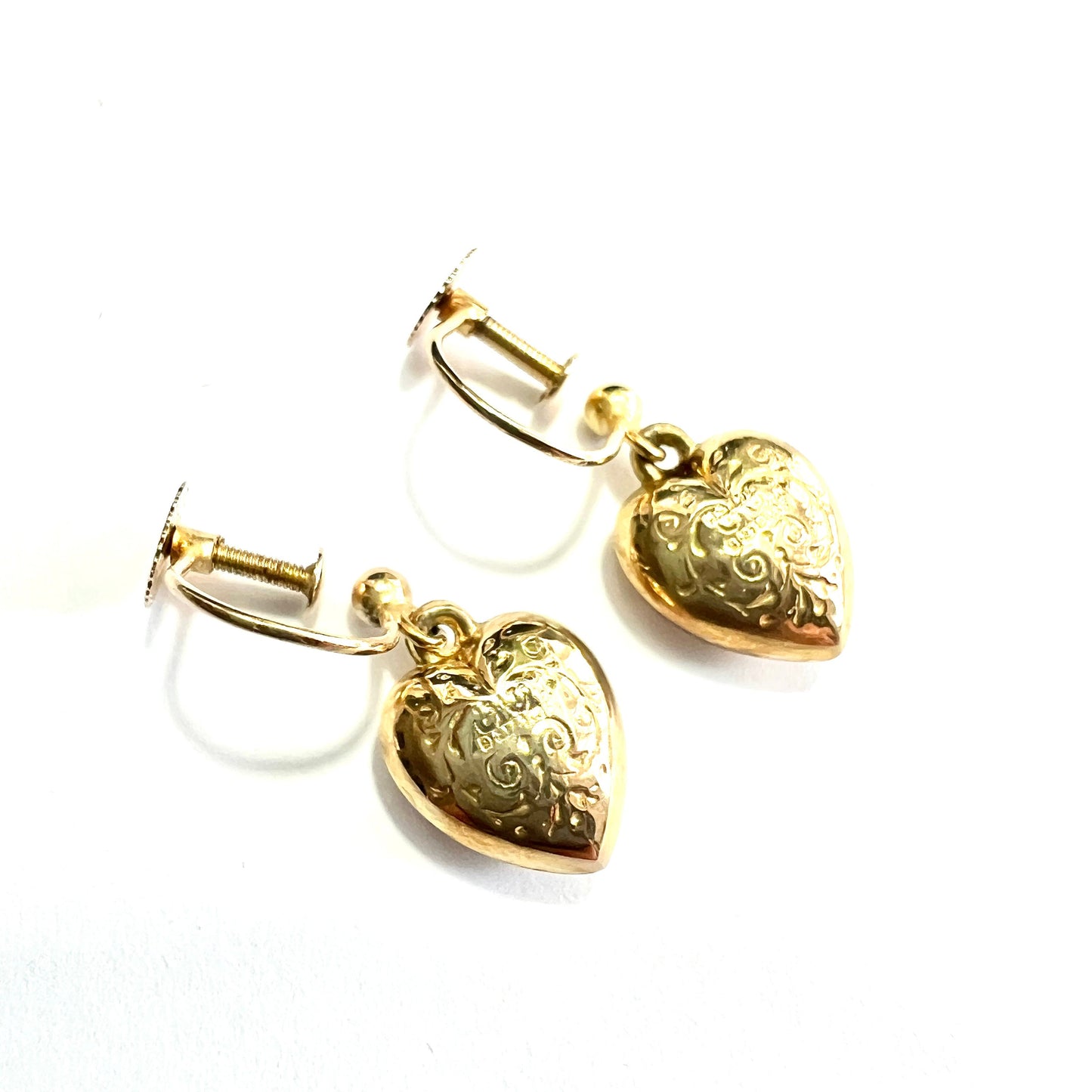 Vintage 9CT Gold Engraved Heart Drop Earrings