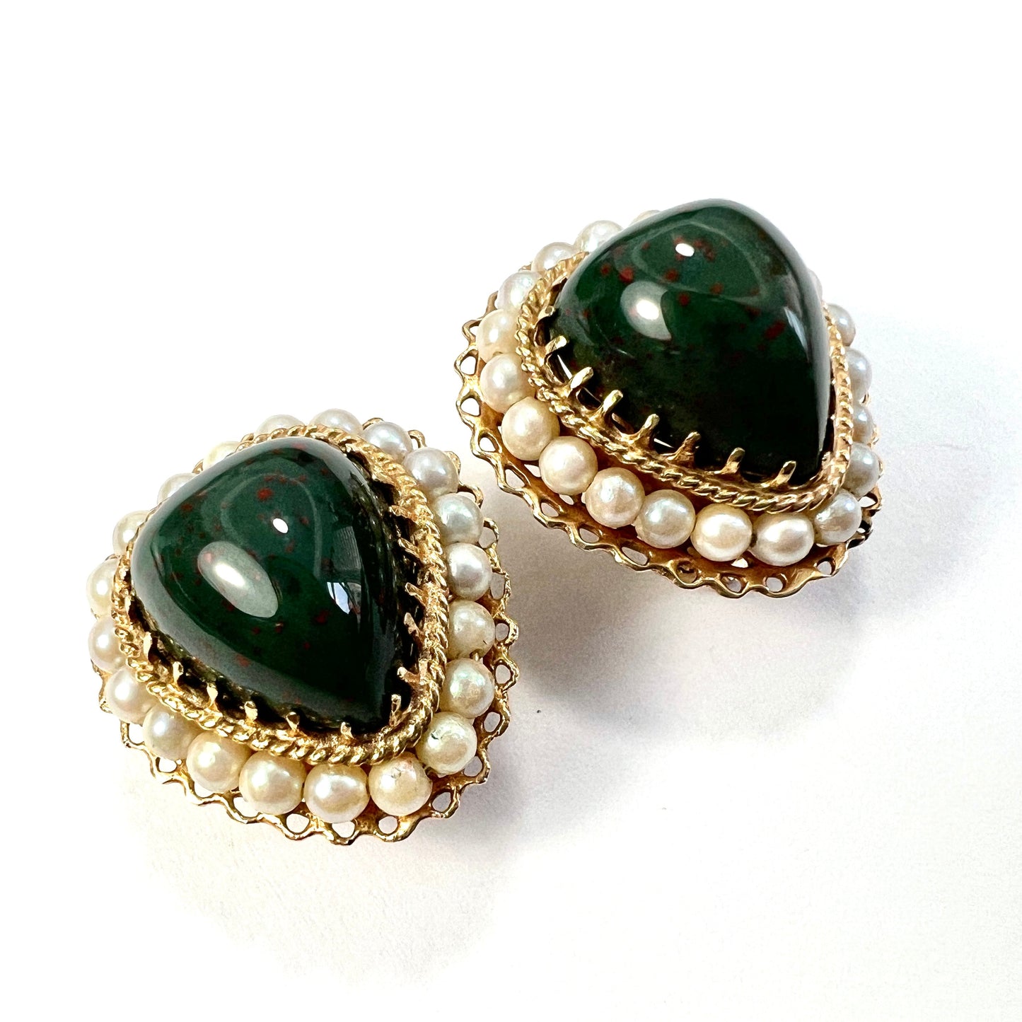 Vintage 14CT Gold Bloodstone Heart Pearl Halo Ear Clips