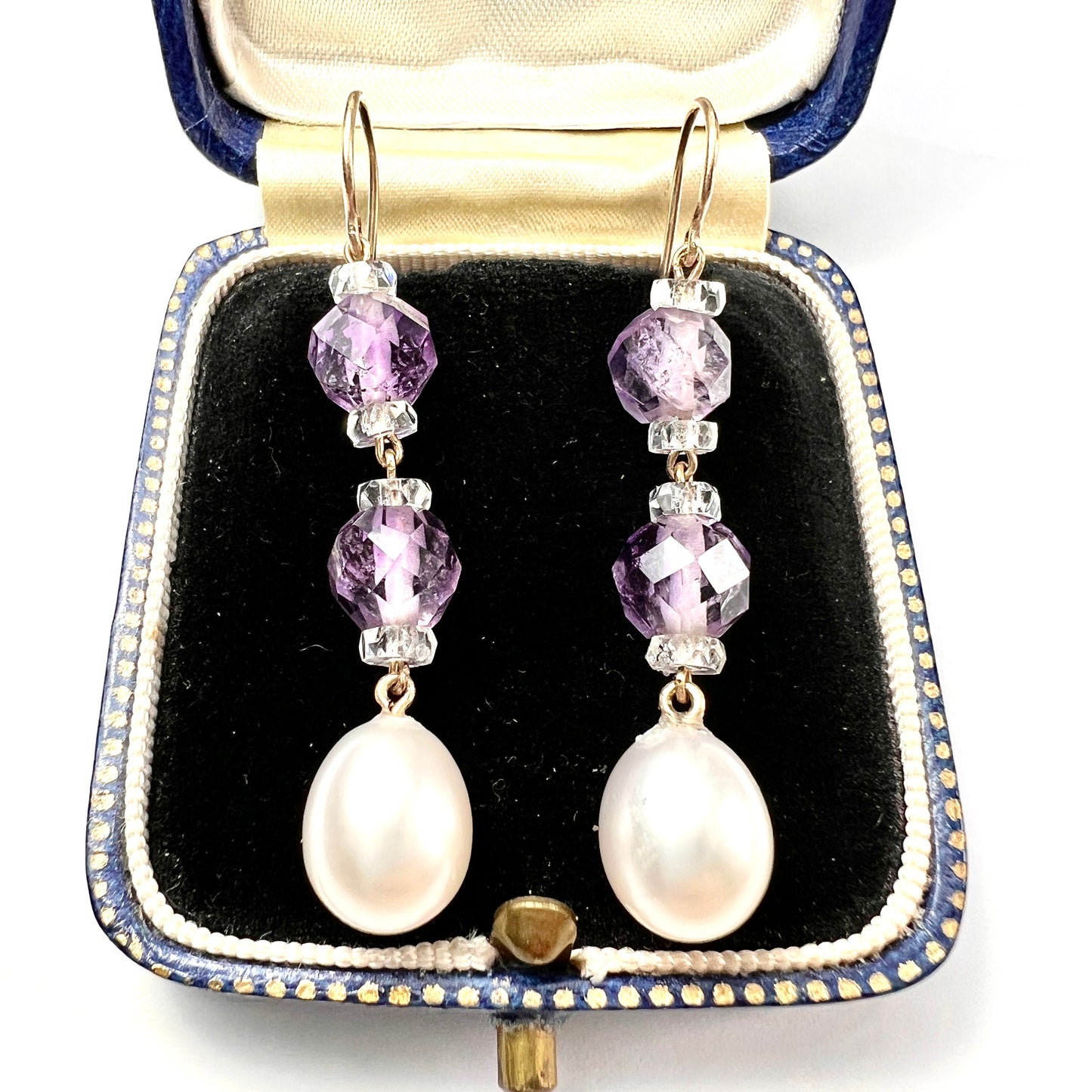 Edwardian Amethyst and Crystal Bead Pearl Drop Earrings in 9CT Gold