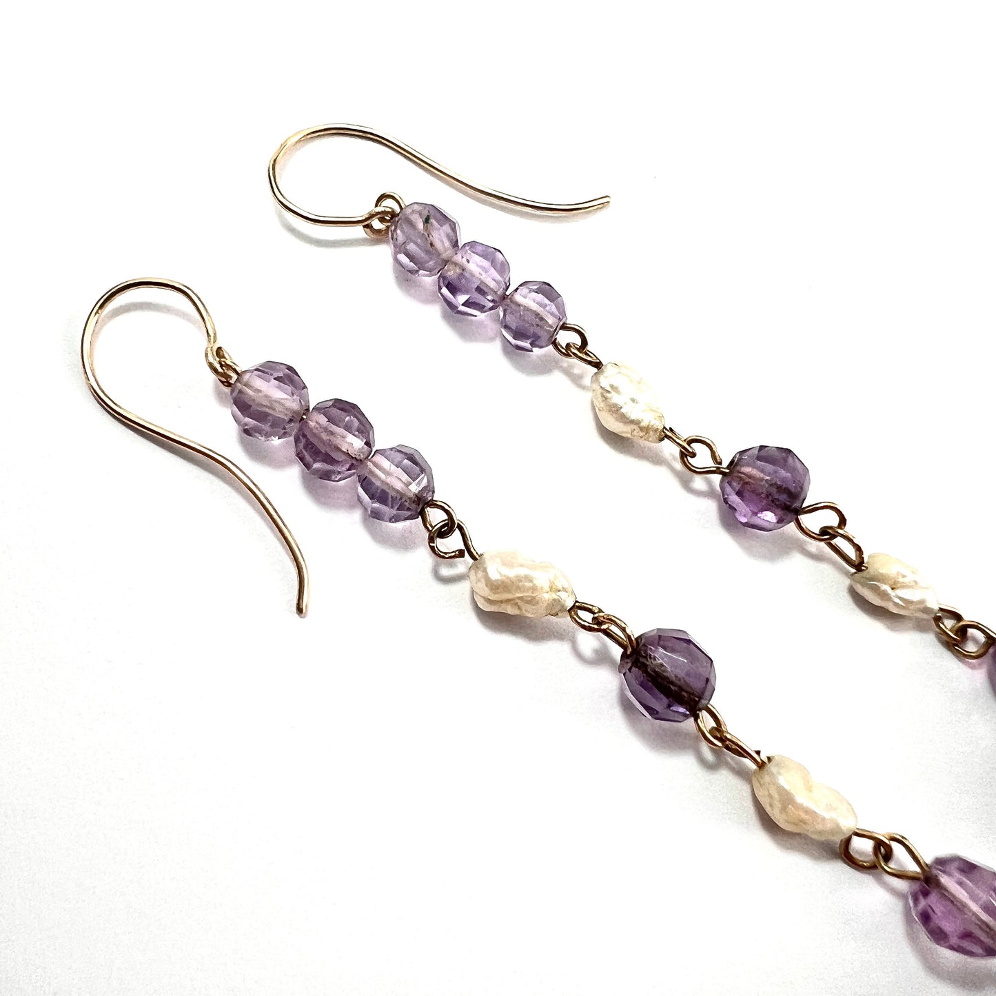 Antique Carved Amethyst and Pearl 9CT Gold Long Drop Earrings