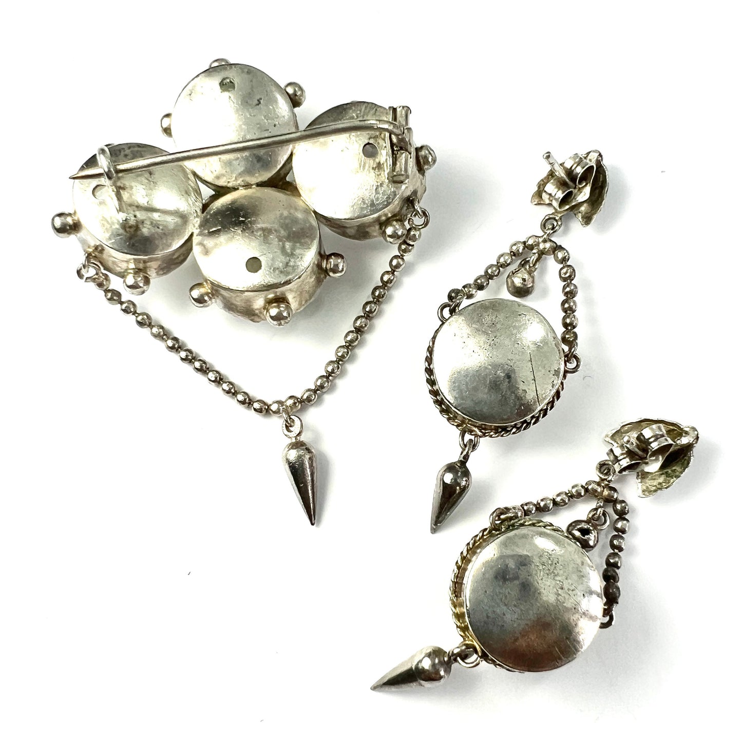 Antique Foiled Paste Silver Demi Parure Earrings and Brooch