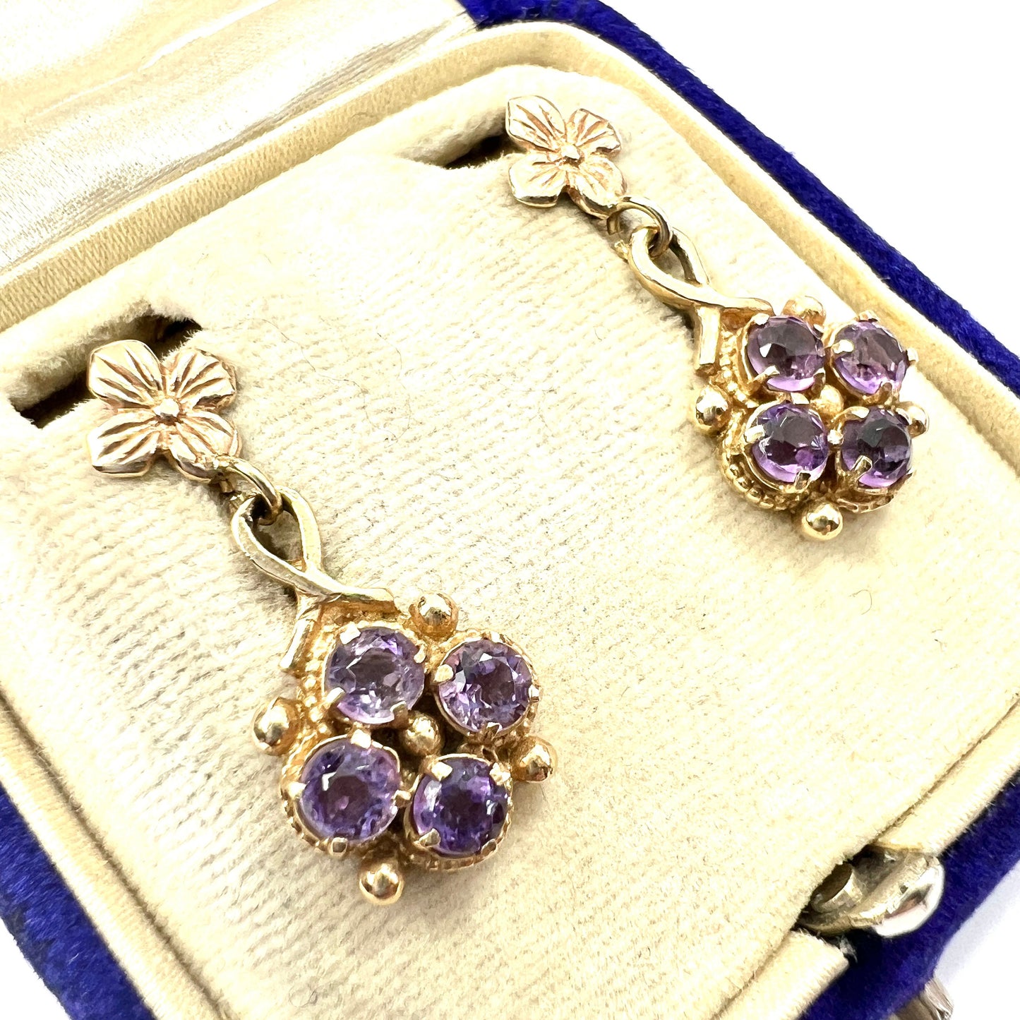 Vintage Amethyst 9CT Gold Flower Cluster Earrings