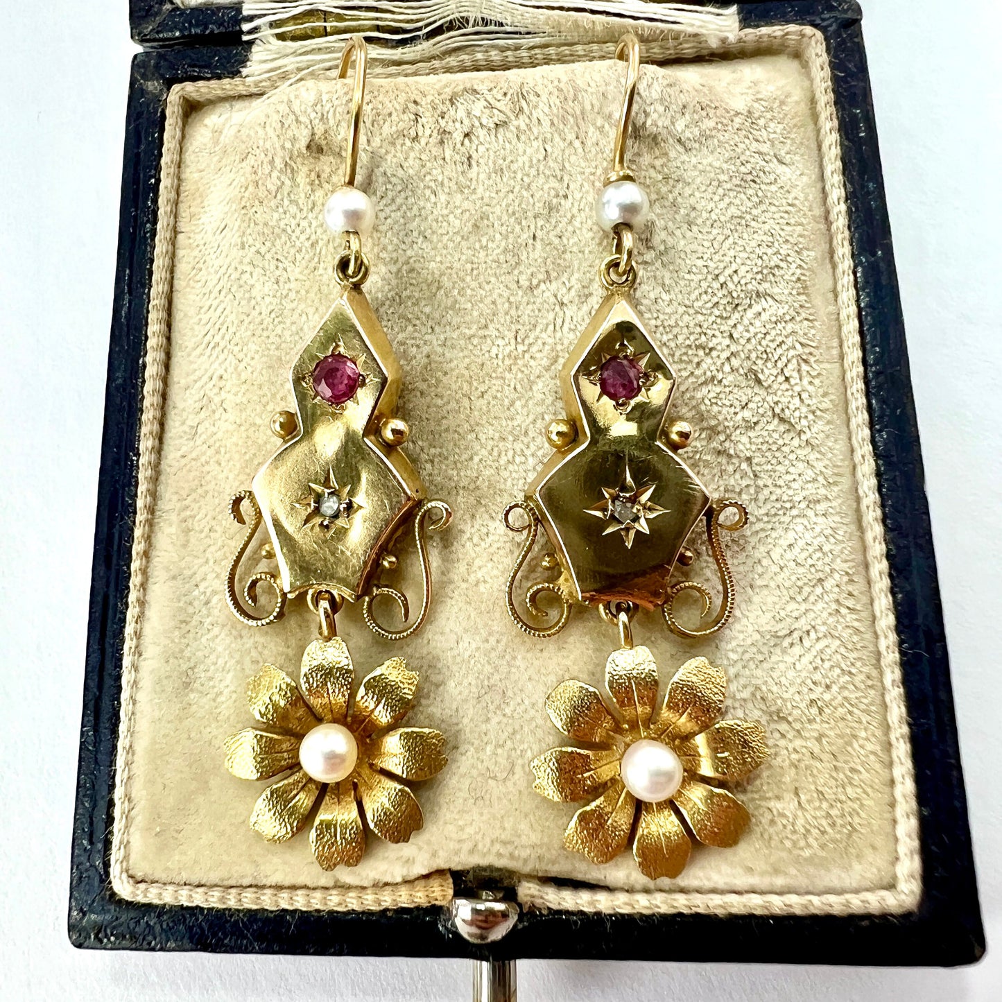 Victorian 9CT Gold Ruby and Pearl Flower Drop Earrings