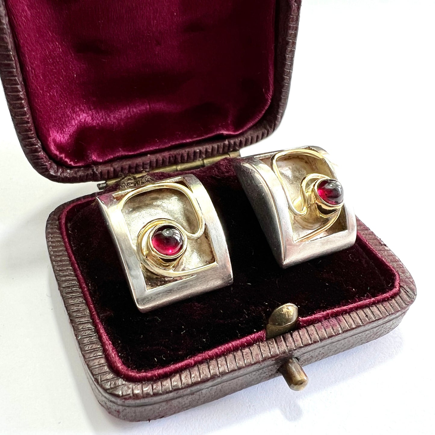 Vintage Gold and Silver Modernist Garnet Earrings