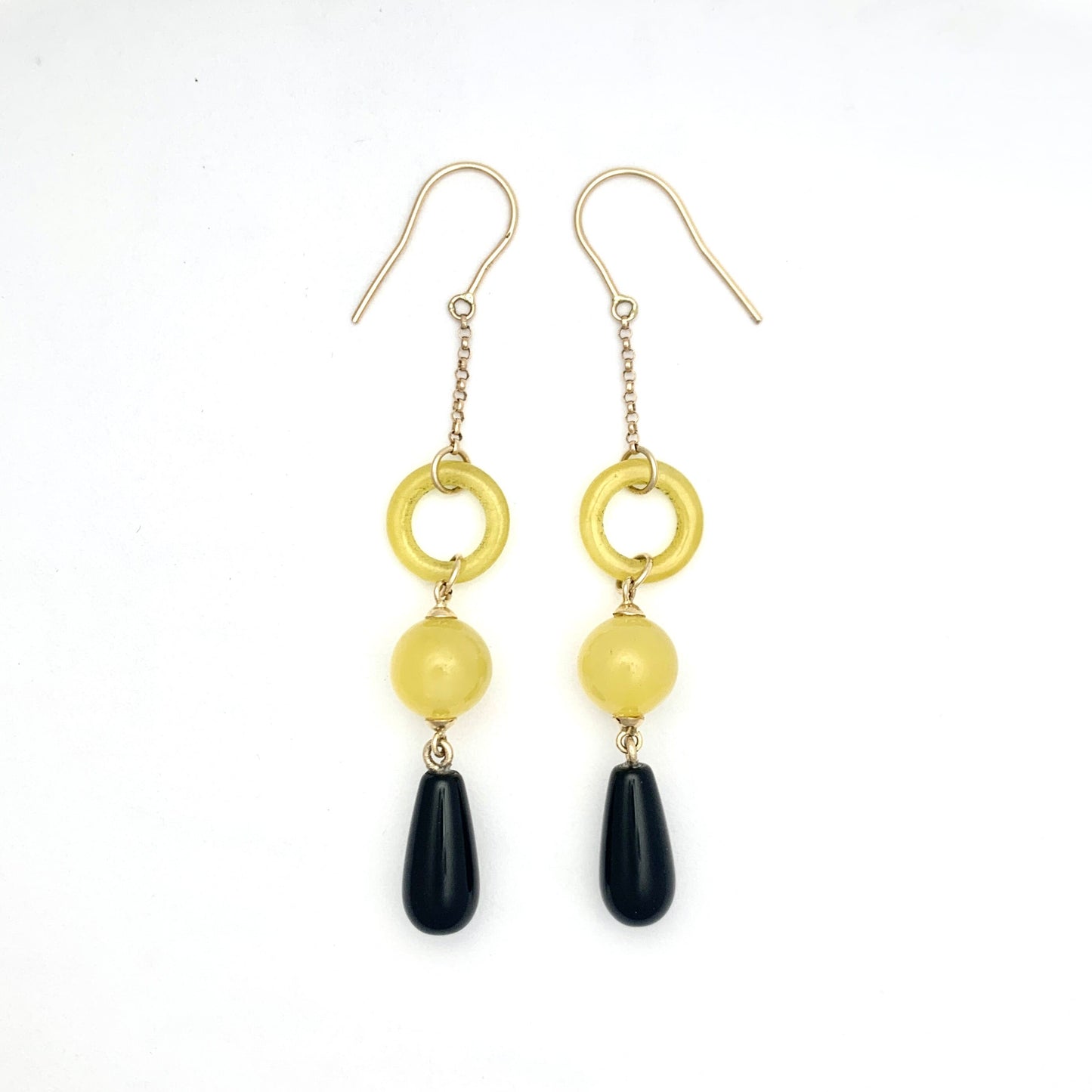 Rare Art Deco Long Drop 9CT Gold Chain Onyx Hardstone Earrings
