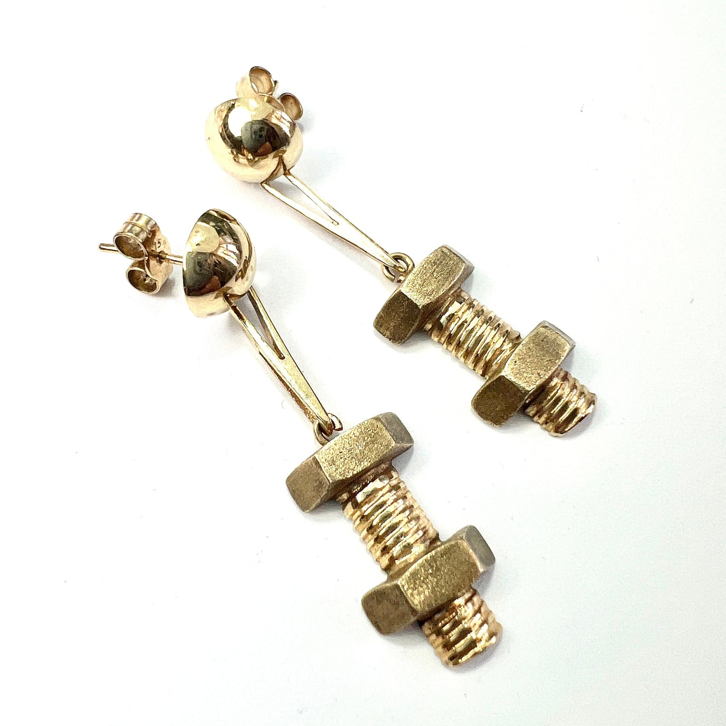 Vintage 9CT Gold Nut and Bolt Drop Earrings
