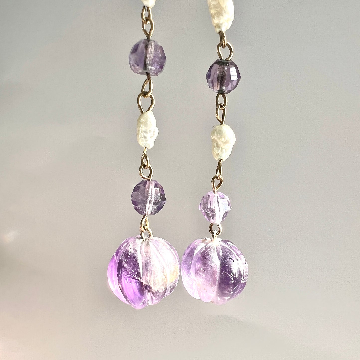 Antique Carved Amethyst and Pearl 9CT Gold Long Drop Earrings