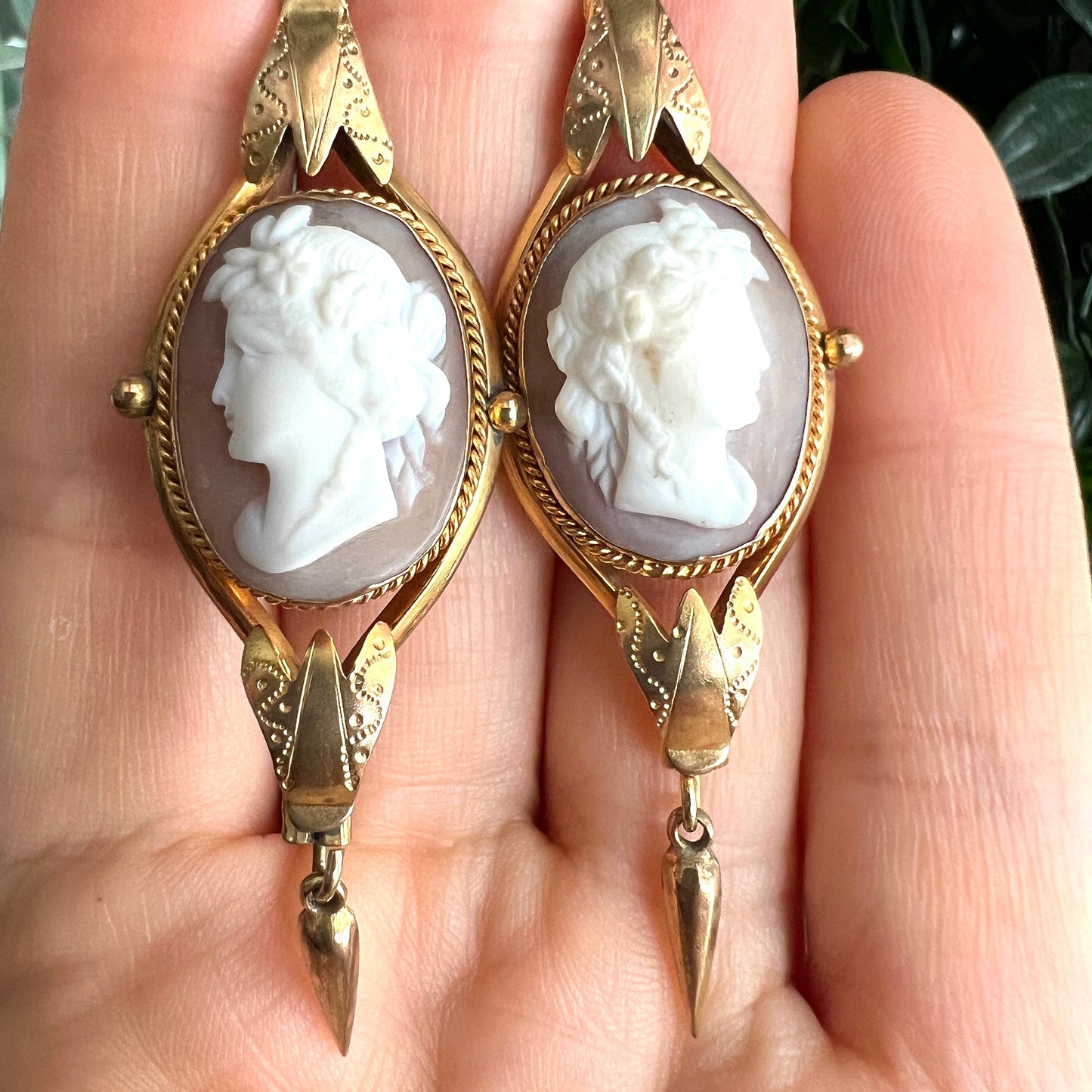 Victorian 9CT Gold Wires Pinchbeck Cameo Long Drop Earrings