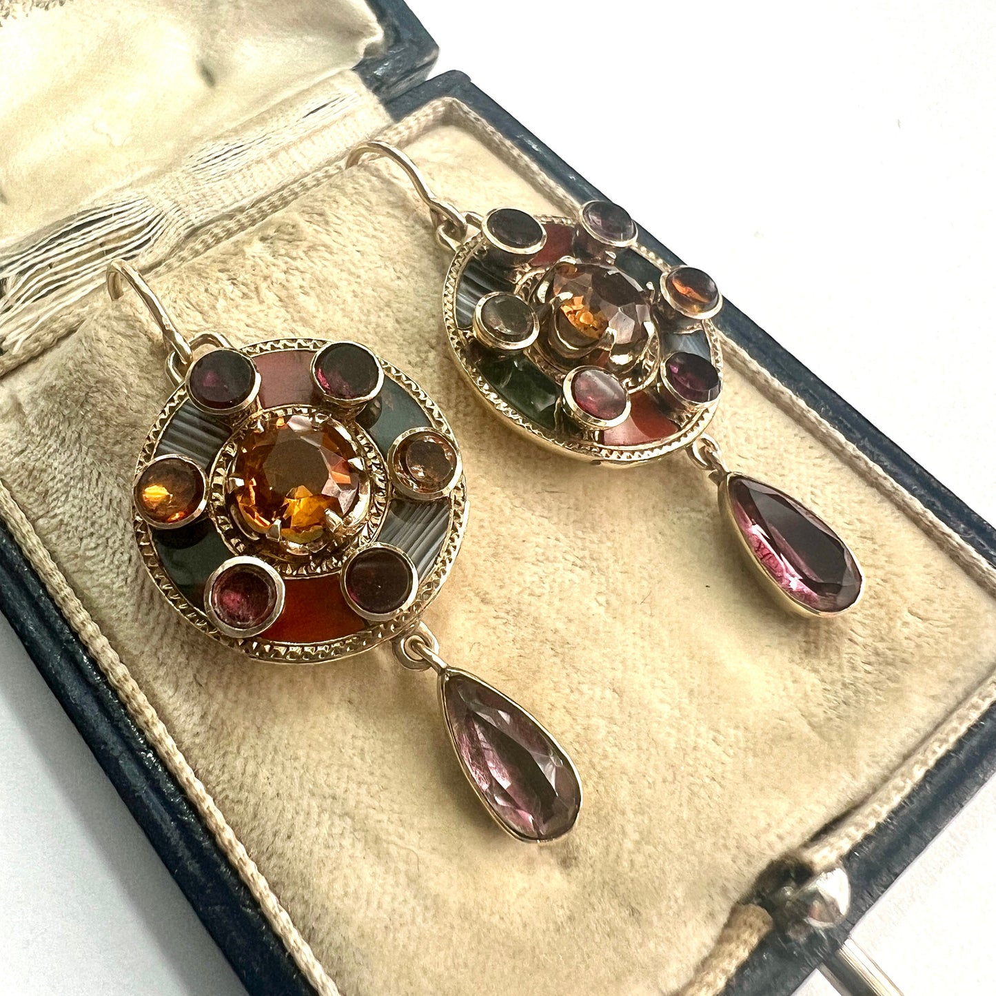 Rare Victorian 9CT Gold Scottish Agate Gemstone Pendant Earrings