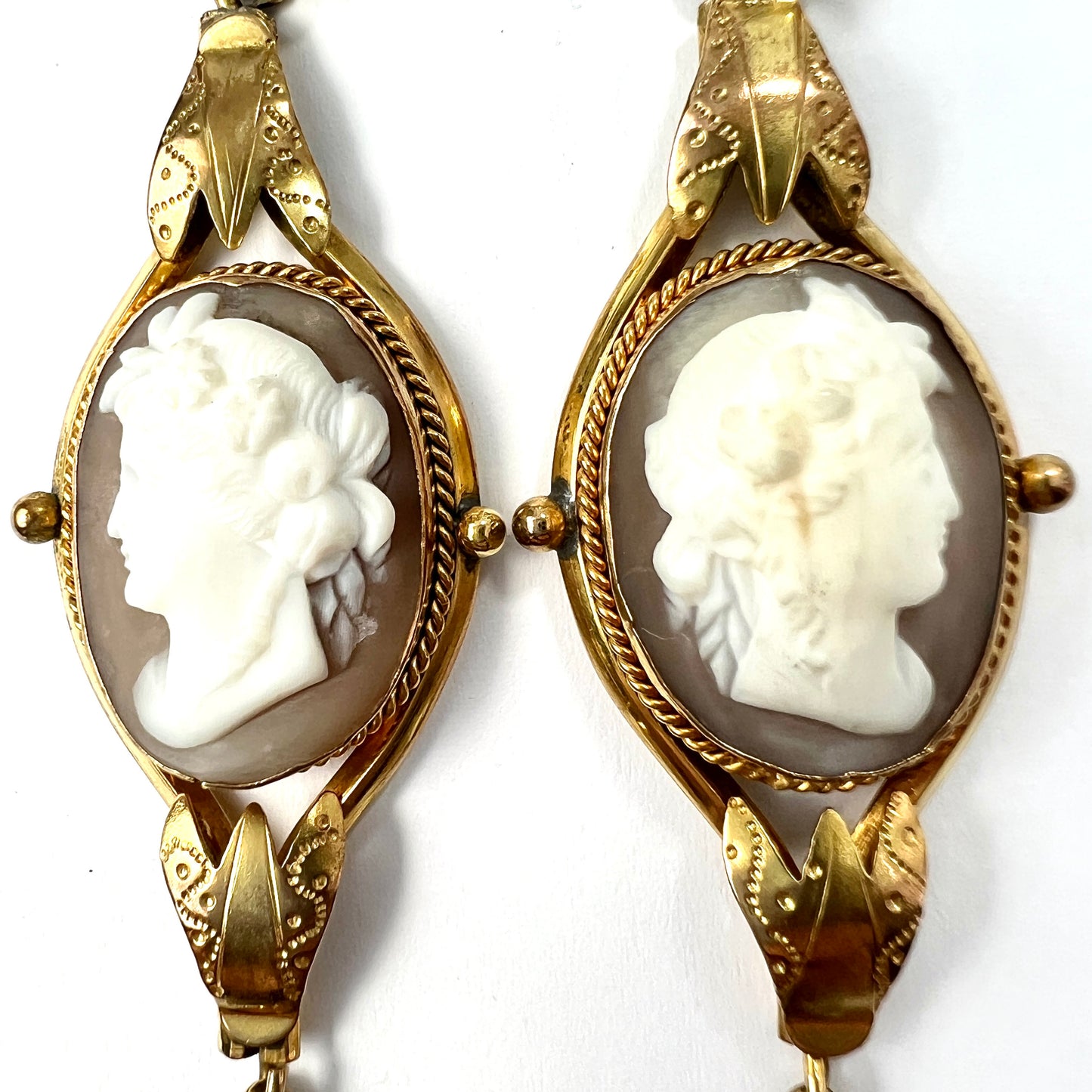 Victorian 9CT Gold Wires Pinchbeck Cameo Long Drop Earrings