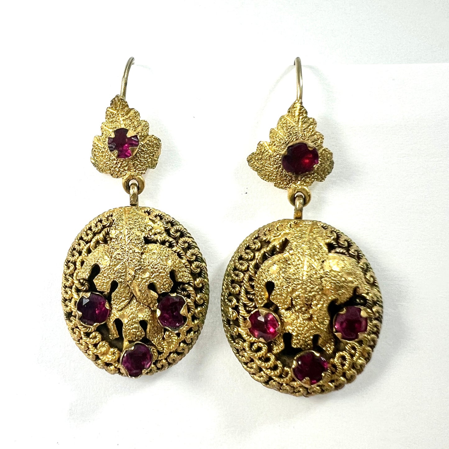 Victorian Etruscan Revival Paste Garnet Gilt Demi Parure Earrings and Brooch