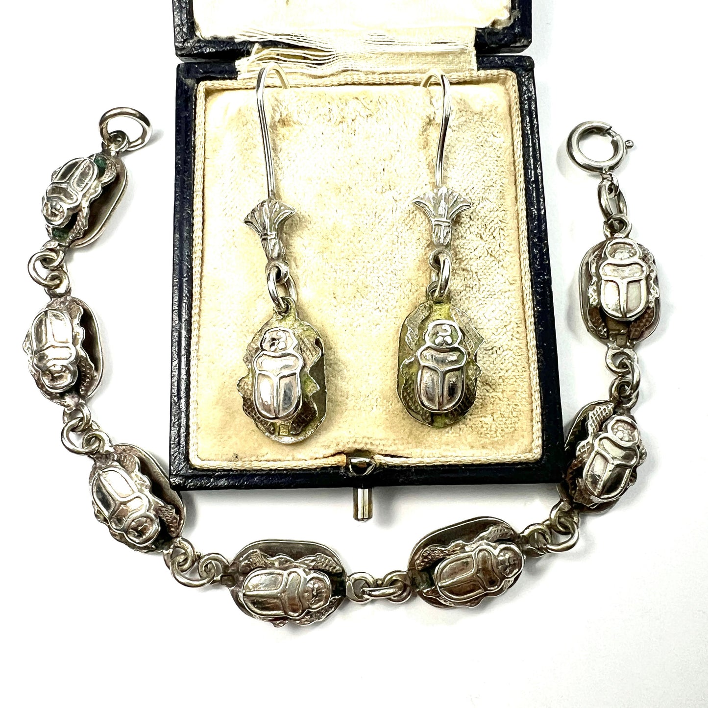 Vintage Silver Egyptian Scarab Beetle Earrings and Bracelet