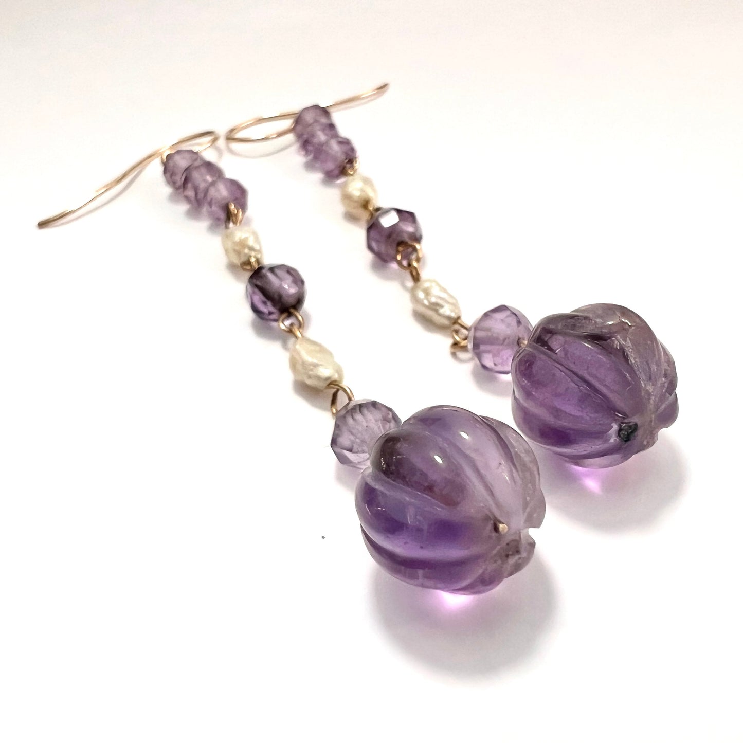 Antique Carved Amethyst and Pearl 9CT Gold Long Drop Earrings
