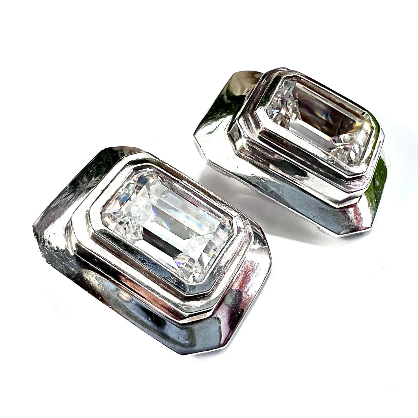 Large Vintage Art Deco Silver Octagonal Ear Clips