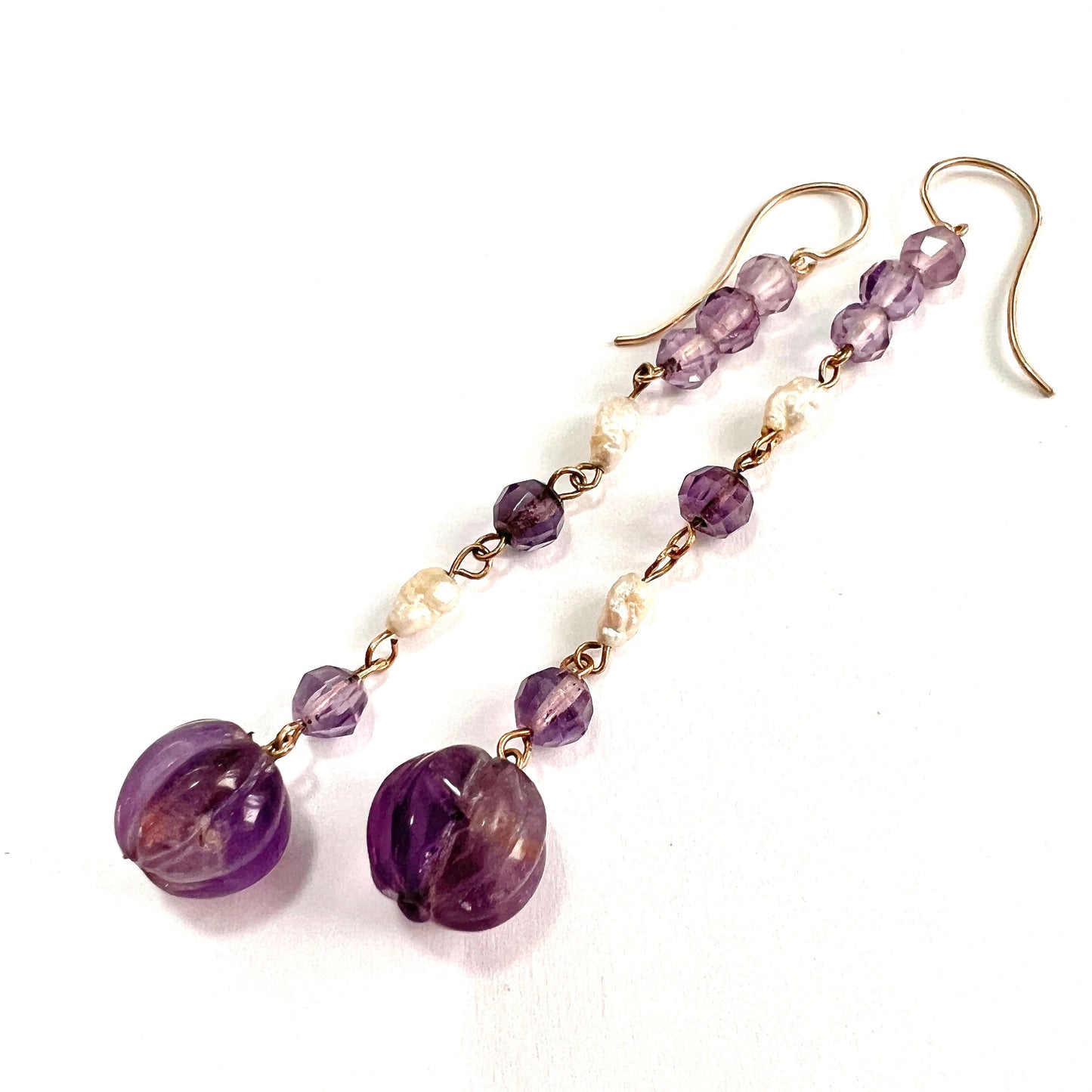 Antique Carved Amethyst and Pearl 9CT Gold Long Drop Earrings