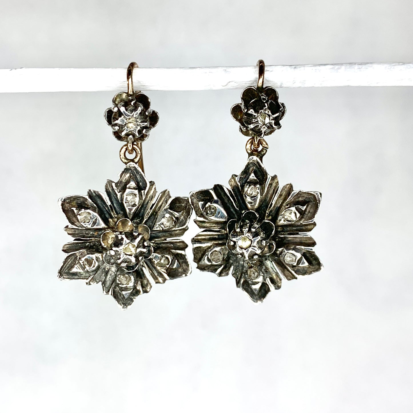 Georgian Rose Cut Diamond Flower Earrings in Silver and Gold