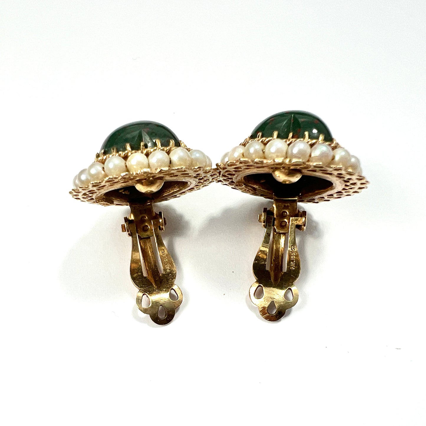 Vintage 14CT Gold Bloodstone Heart Pearl Halo Ear Clips