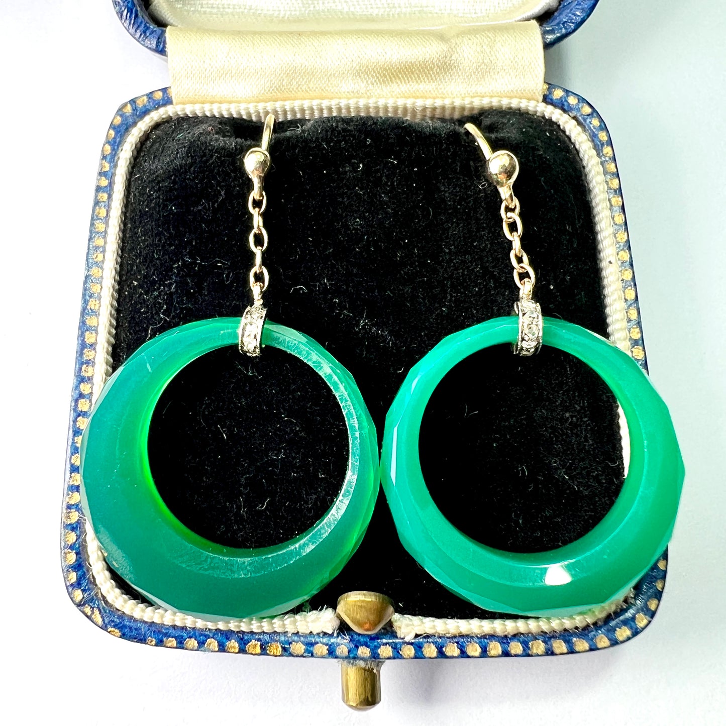 Art Deco Diamond Chalcedony 9CT Gold Chain Drop Earrings