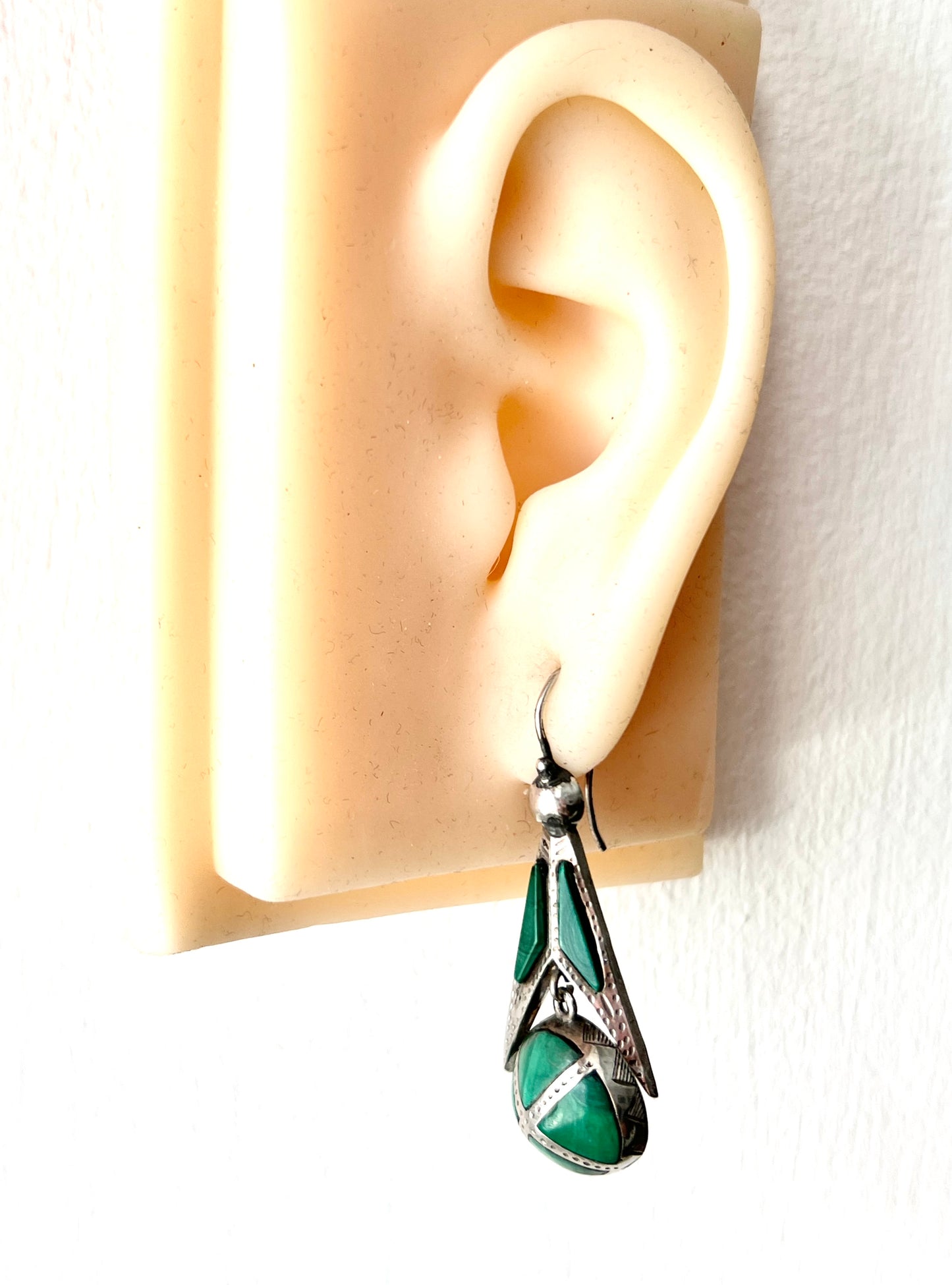 Victorian Scottish Malachite Silver Earrings and Brooch