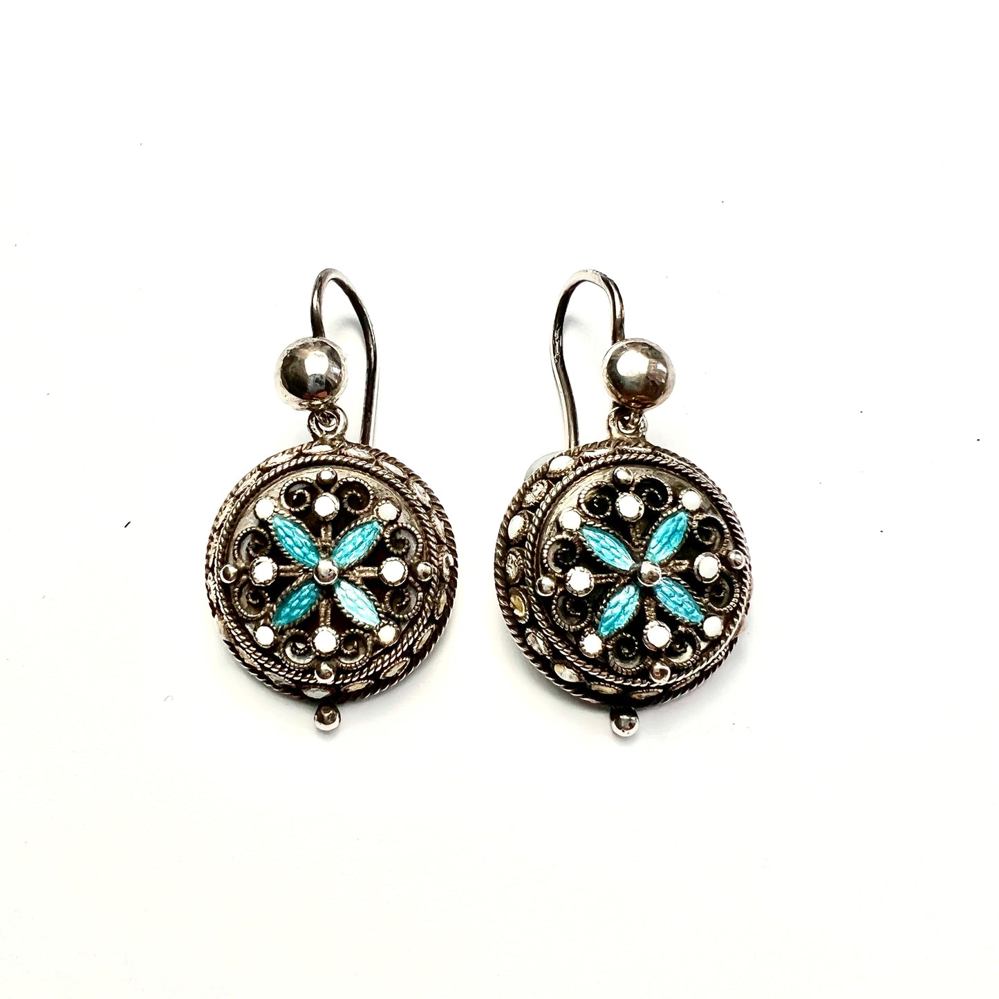 Art Nouveau Silver Filigree Turquoise Enamel Earrings