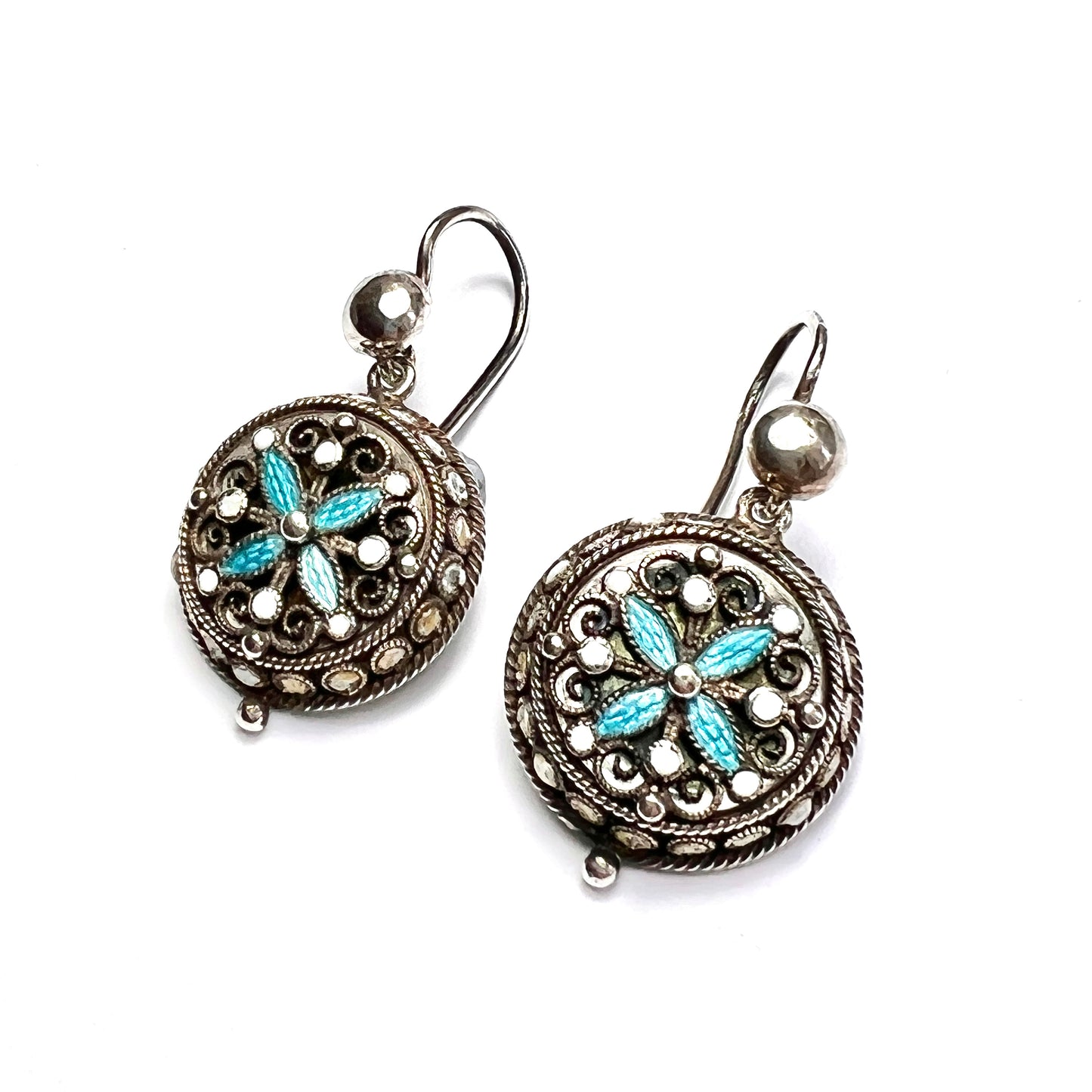 Art Nouveau Silver Filigree Turquoise Enamel Earrings