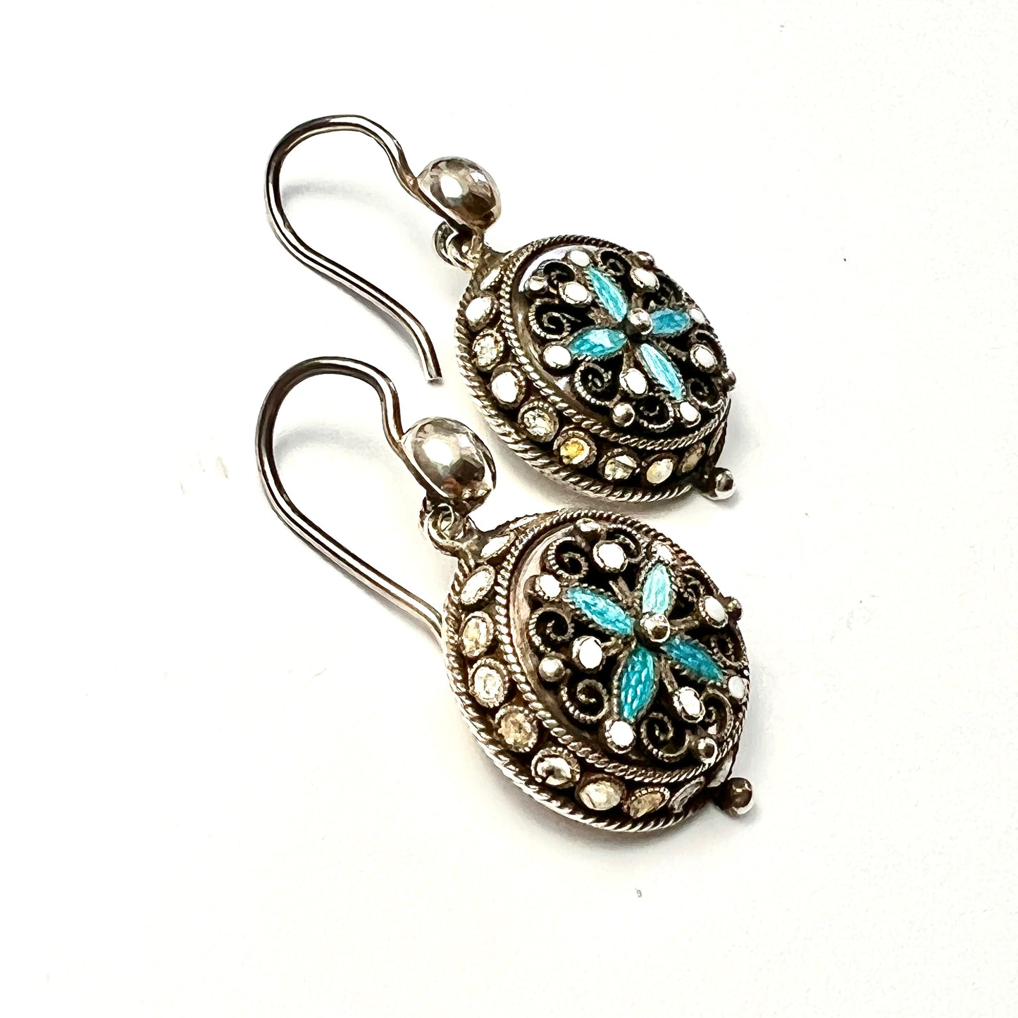 Art Nouveau Silver Filigree Turquoise Enamel Earrings