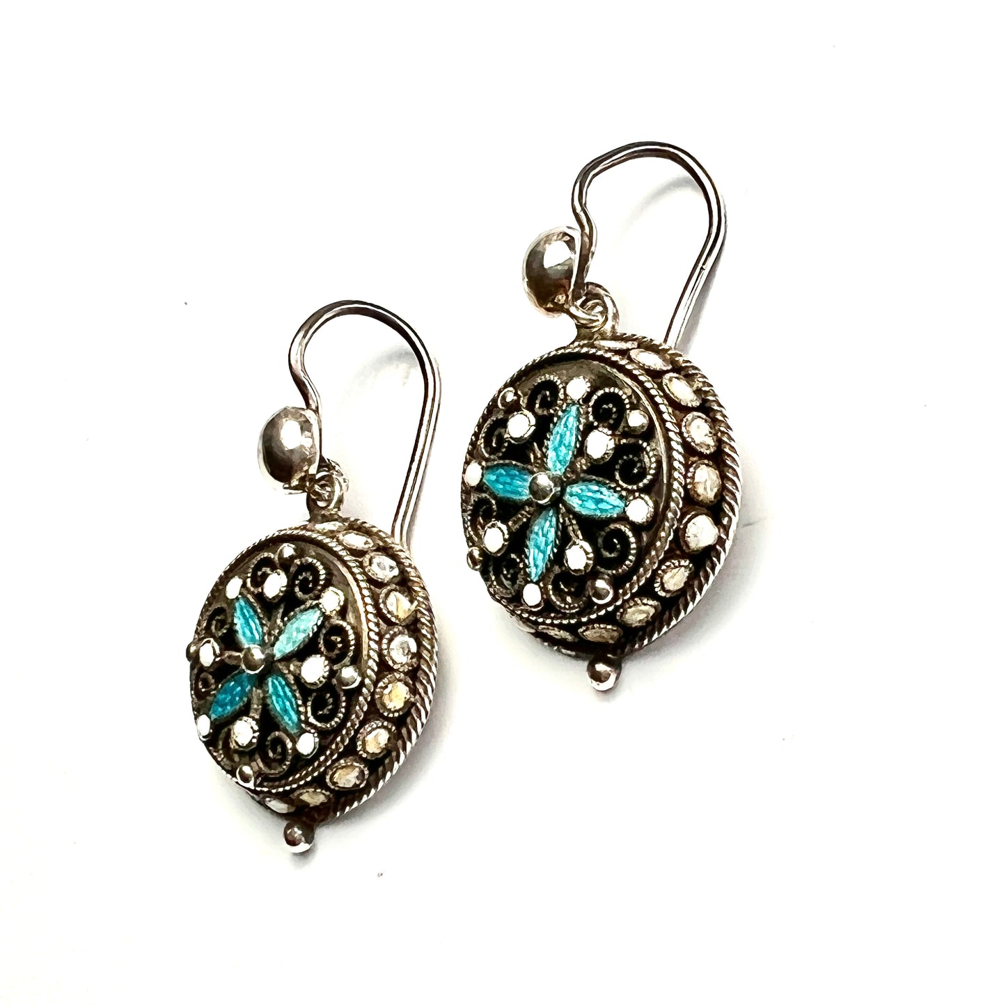 Art Nouveau Silver Filigree Turquoise Enamel Earrings