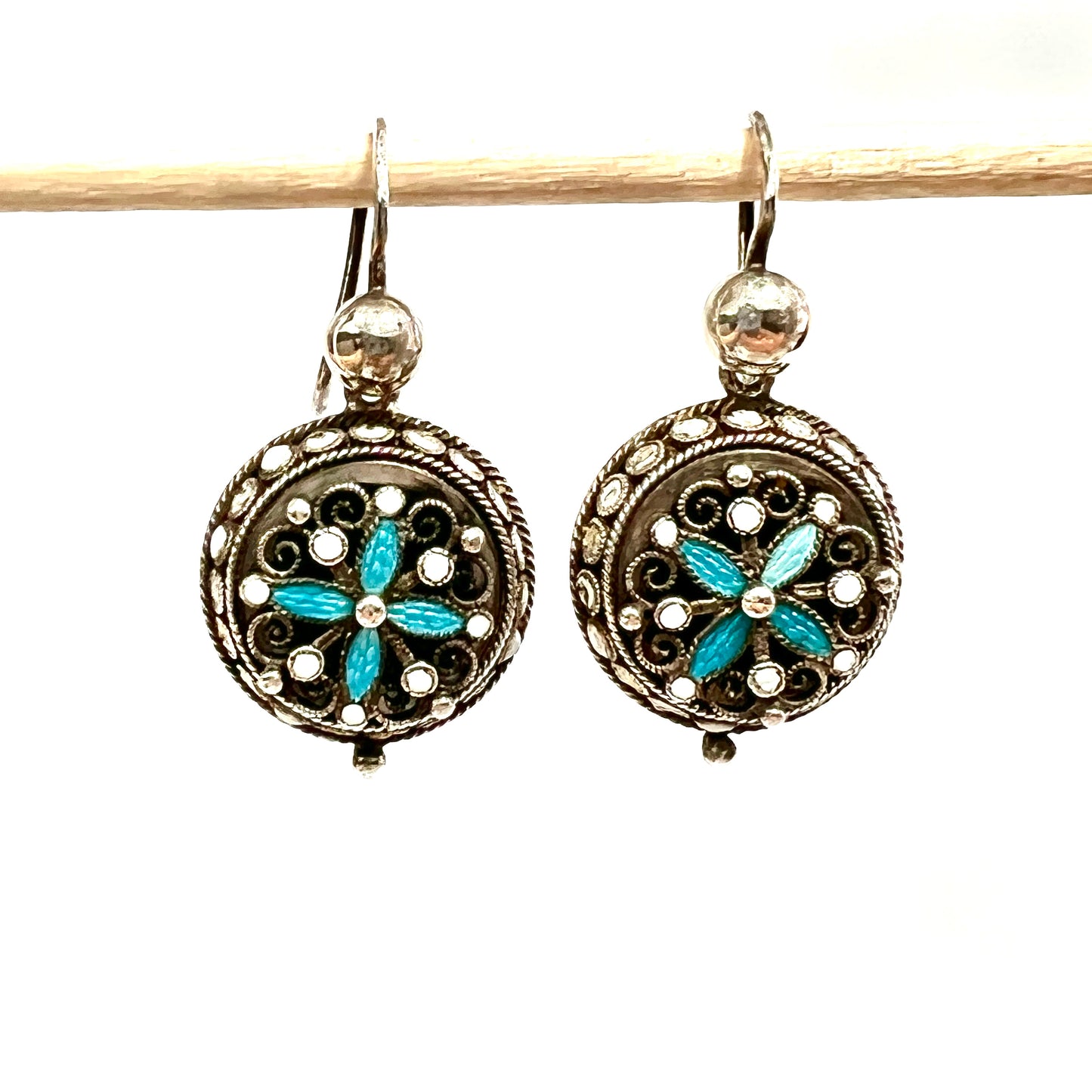 Art Nouveau Silver Filigree Turquoise Enamel Earrings
