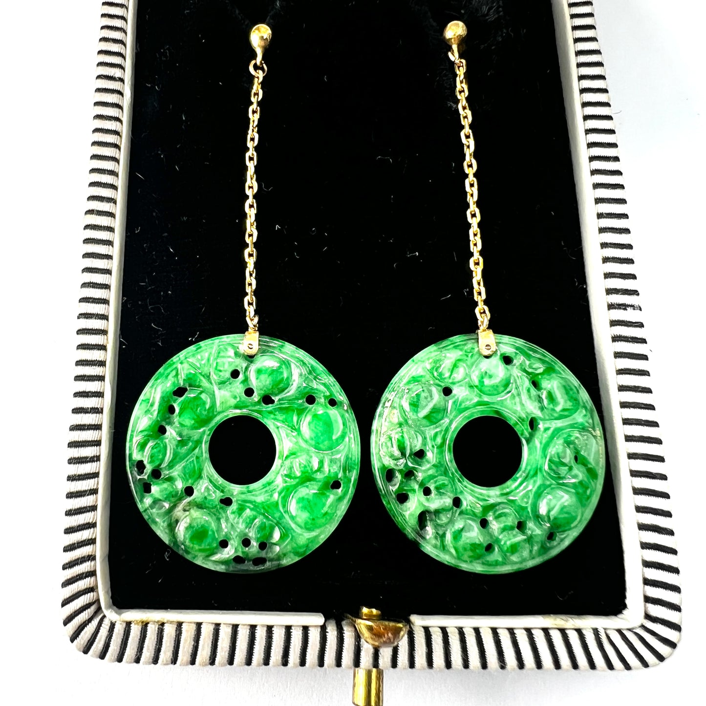 Edwardian Art Deco 9CT Gold Jade Chain Drop Earrings