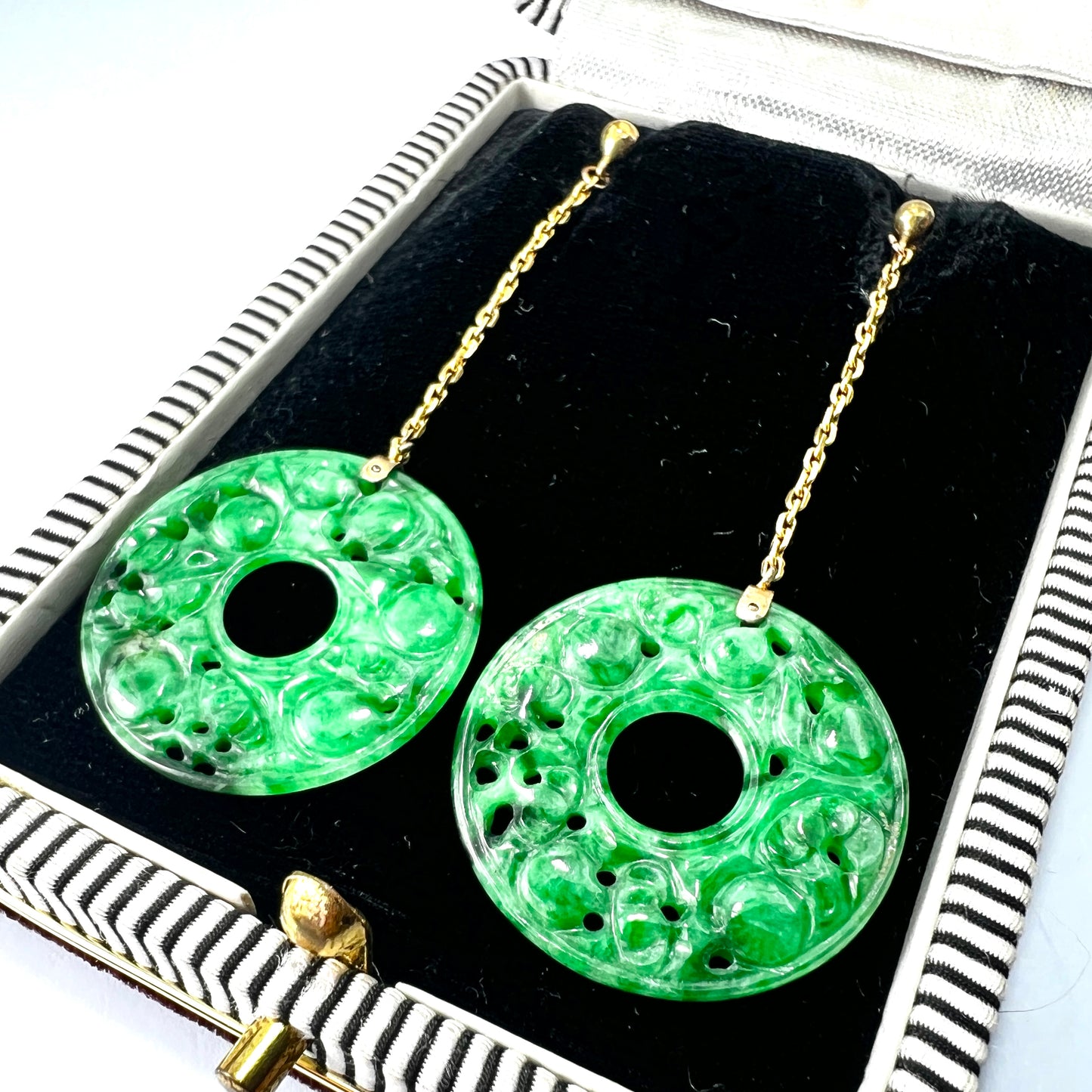 Edwardian Art Deco 9CT Gold Jade Chain Drop Earrings
