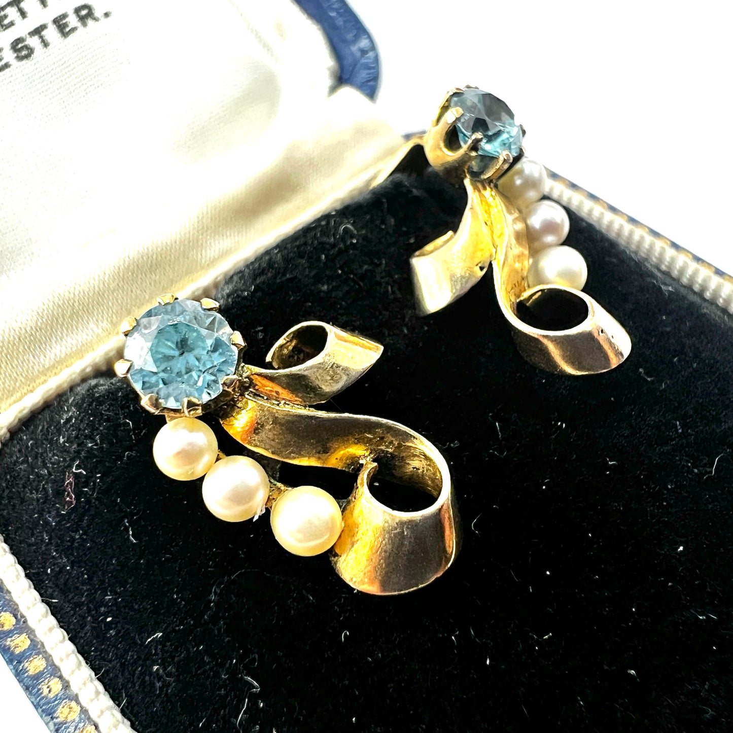 Vintage 1940s Blue Zircon and Pearl 9CT Gold Ear Clips