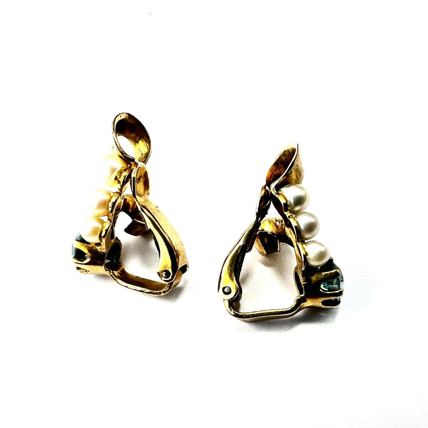Vintage 1940s Blue Zircon and Pearl 9CT Gold Ear Clips
