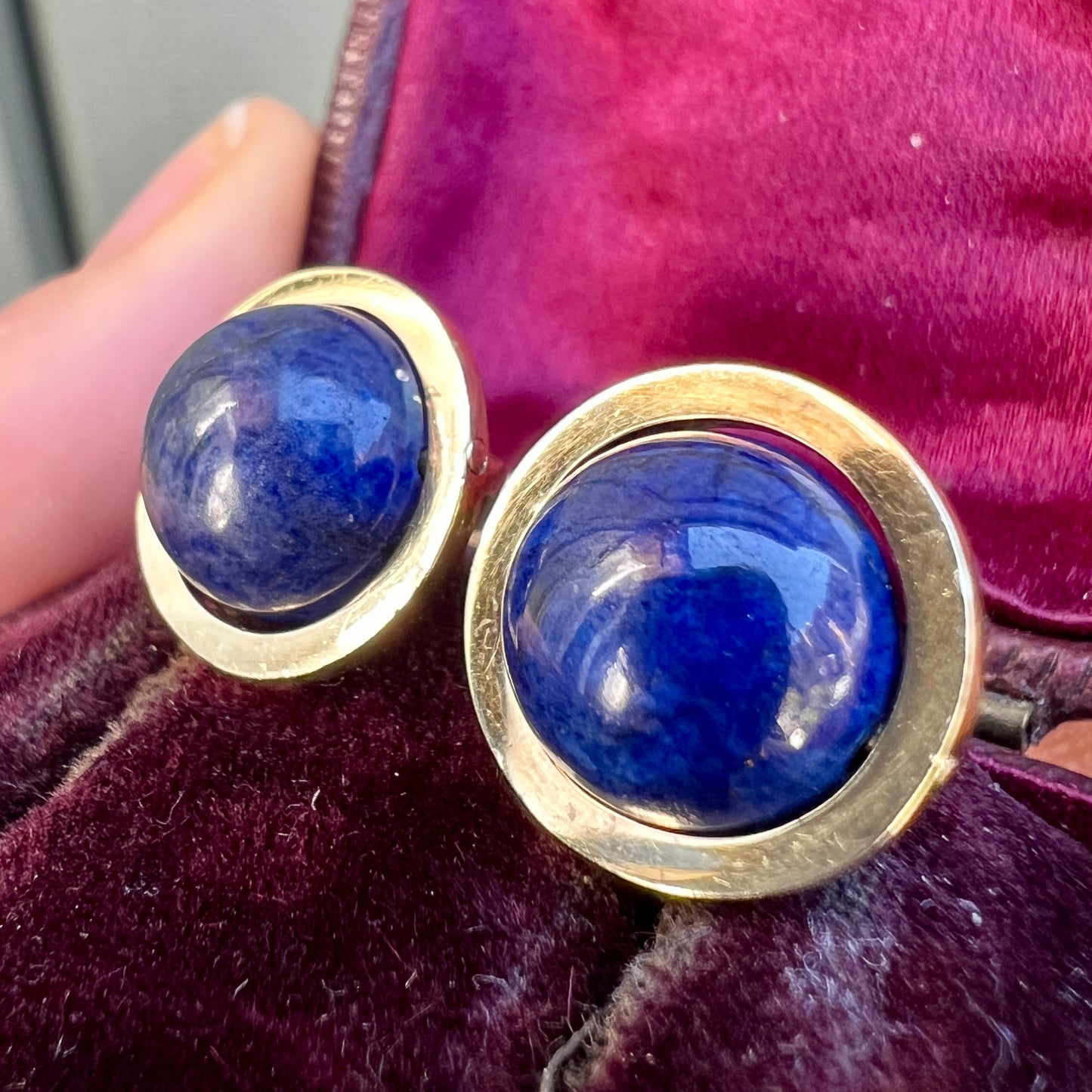 Modernist Lapis Lazuli Orb 14CT Gold Stud Earrings