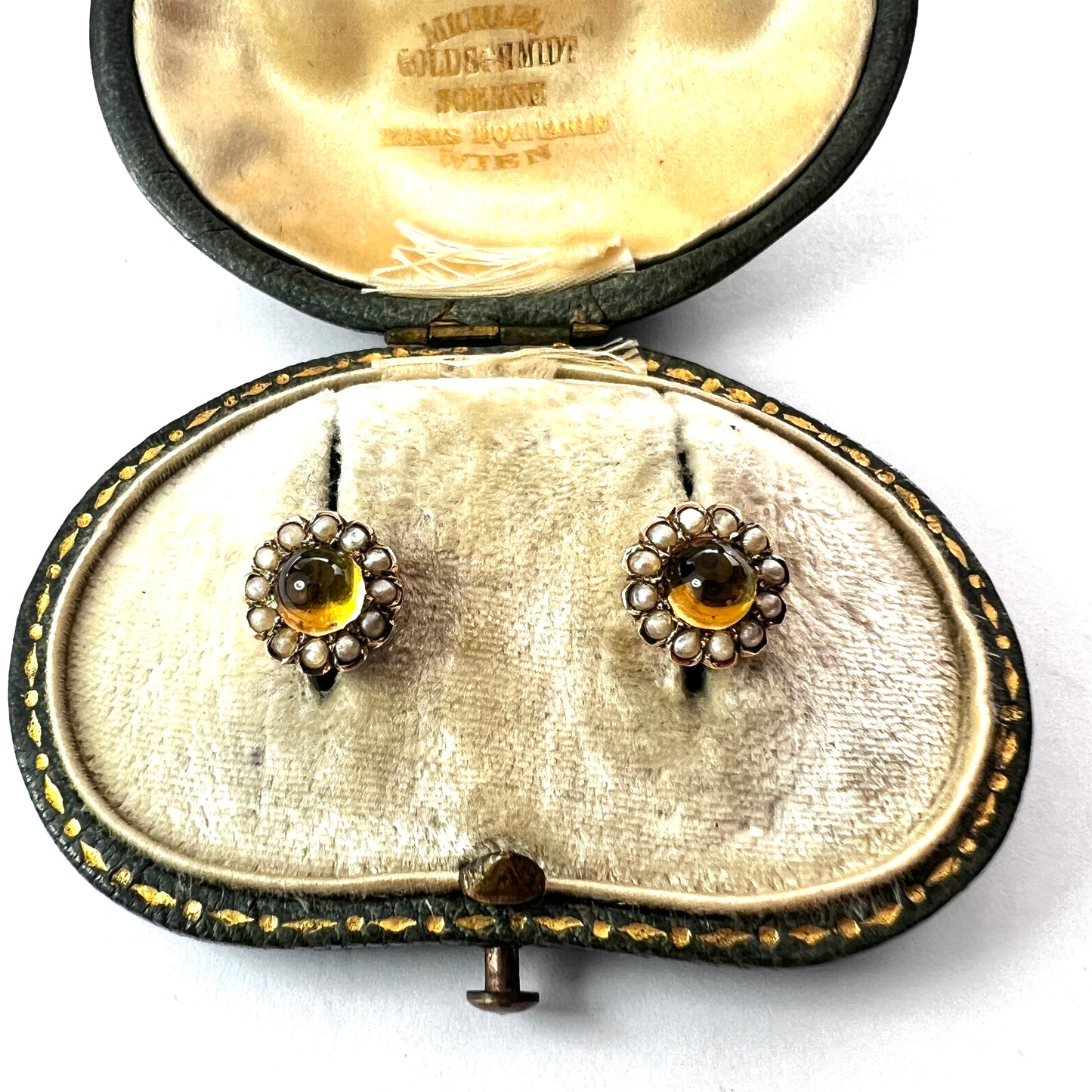 Antique Citrine and Pearl Halo Gold Stud Earrings
