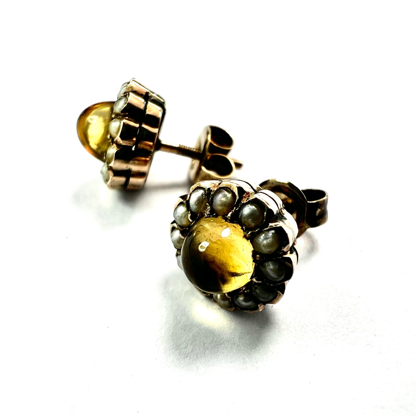Antique Citrine and Pearl Halo Gold Stud Earrings