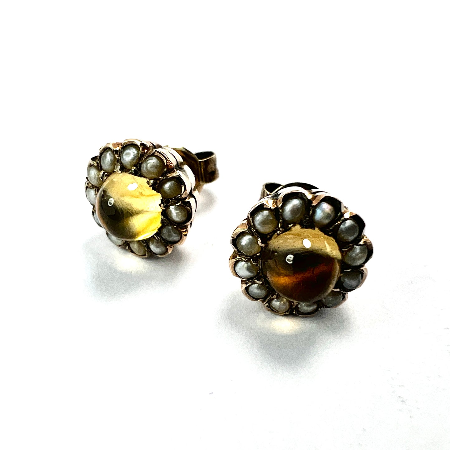 Antique Citrine and Pearl Halo Gold Stud Earrings