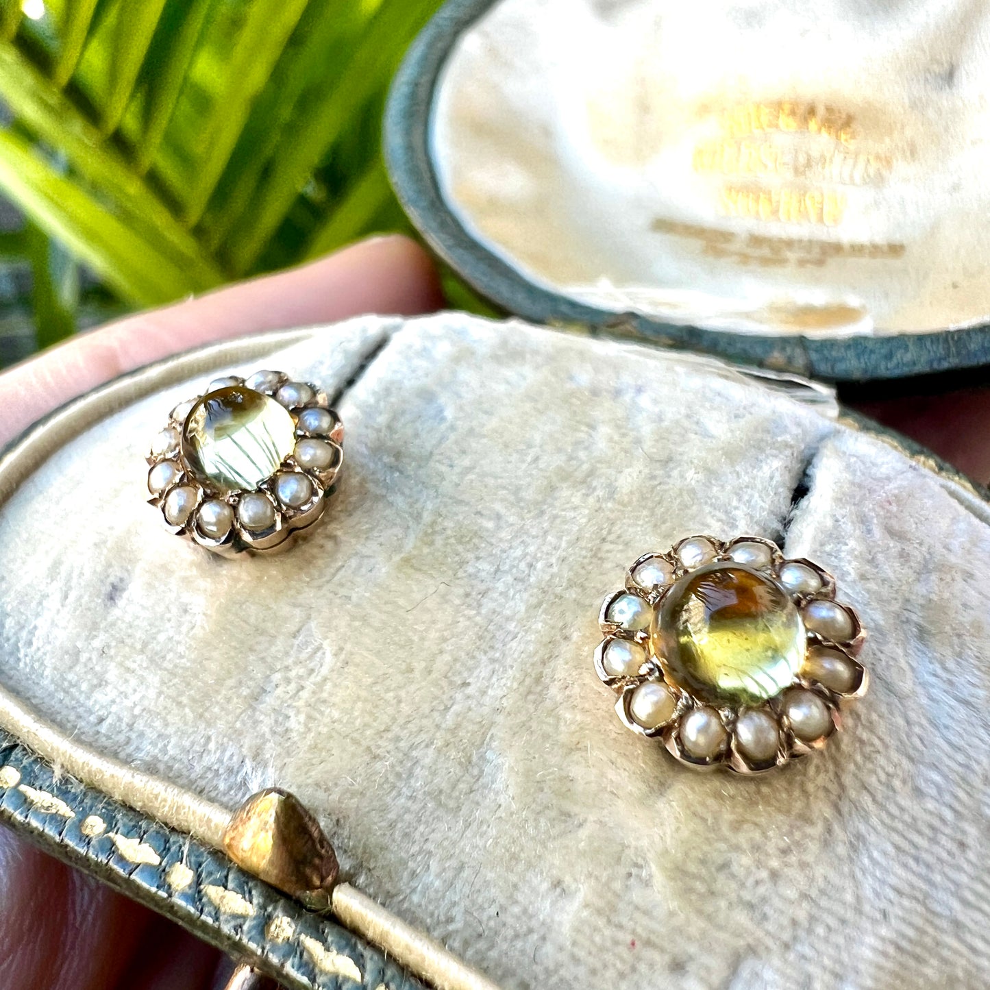 Antique Citrine and Pearl Halo Gold Stud Earrings