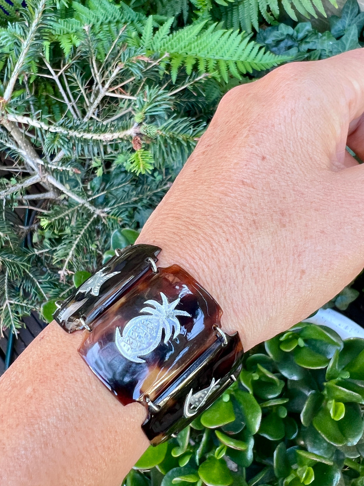 Vintage Silver Tortoiseshell Tropical Holiday Earrings and Bracelet