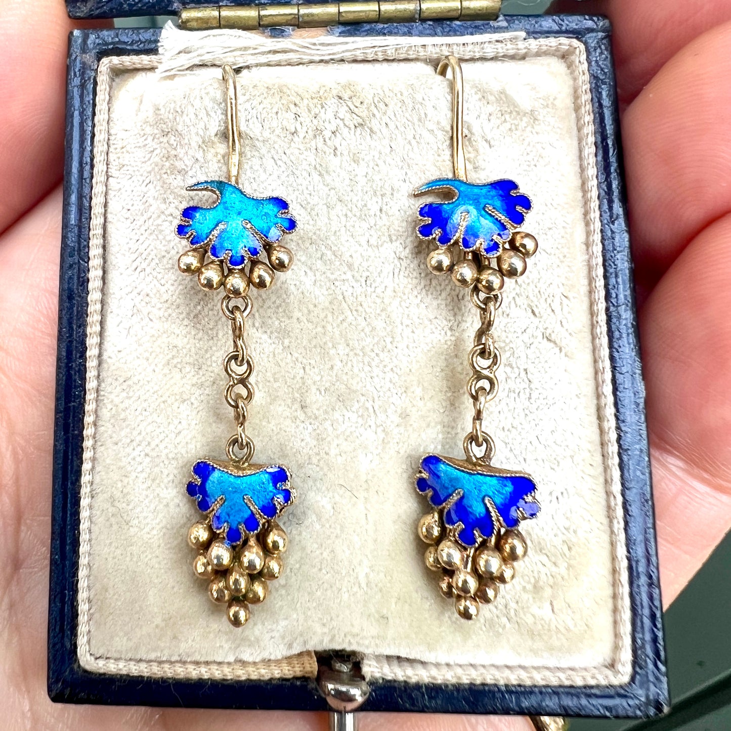 Victorian Silver Gilt Blue Enamel Grape Earrings