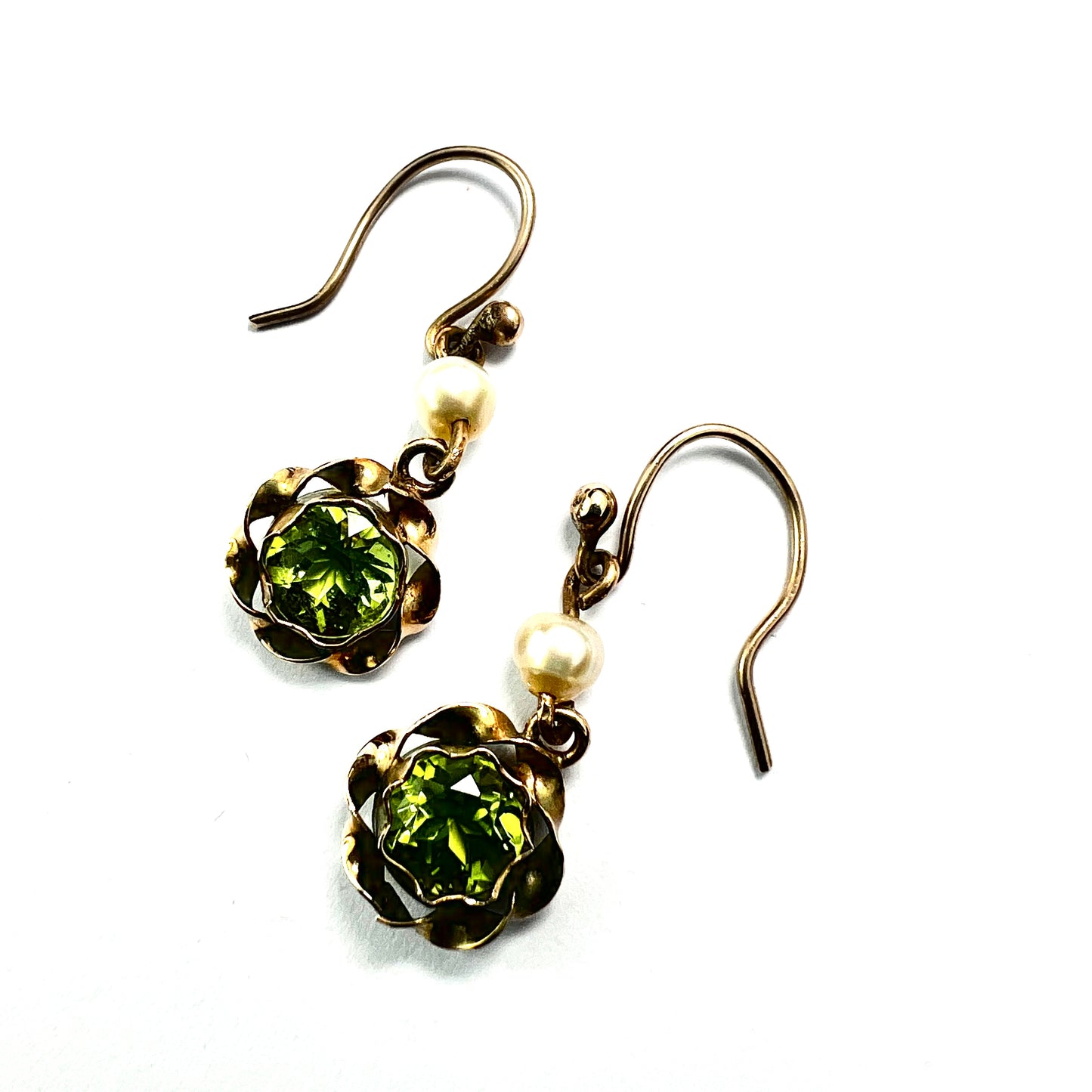 Vintage Gold Pearl and Peridot Paste Drop Earrings