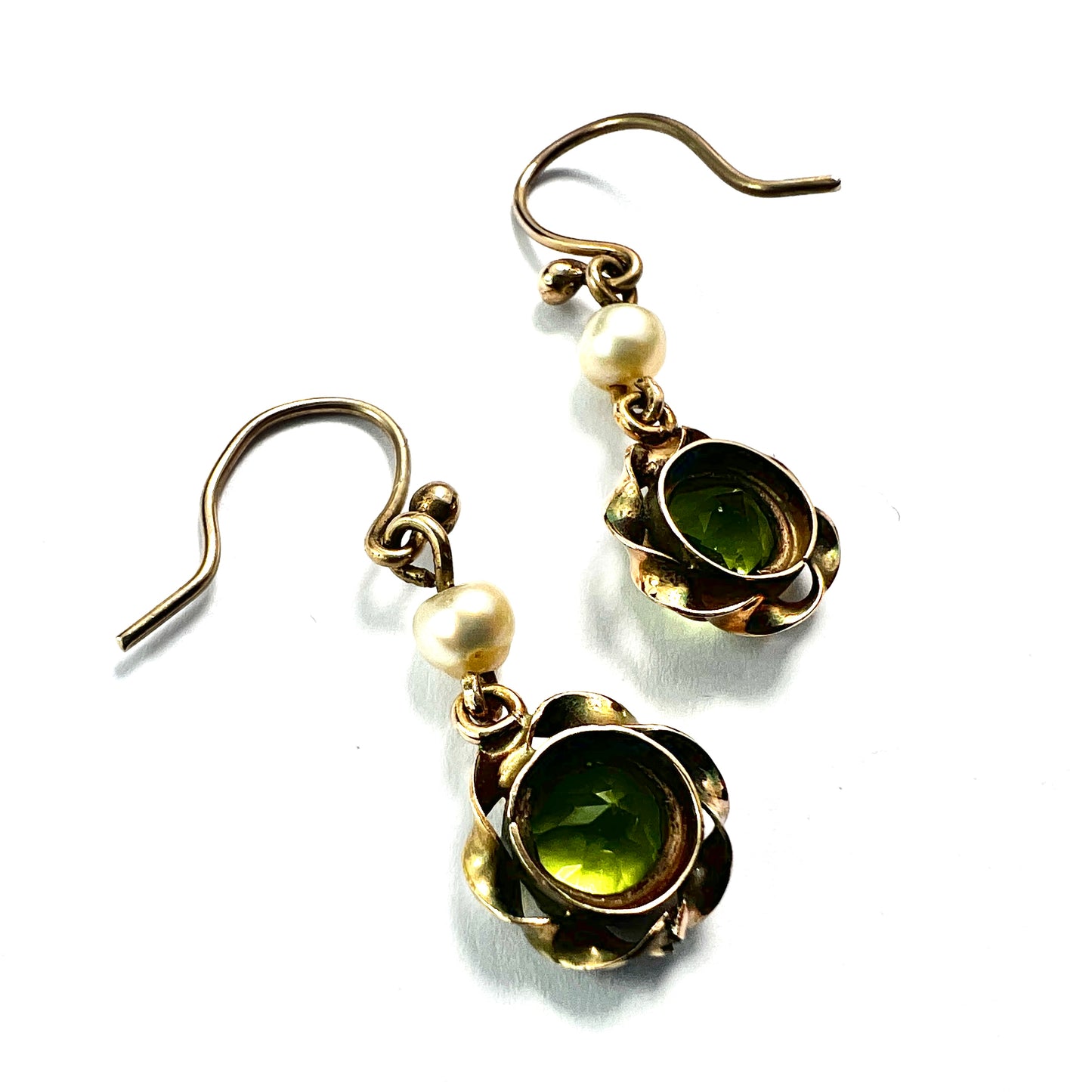Vintage Gold Pearl and Peridot Paste Drop Earrings