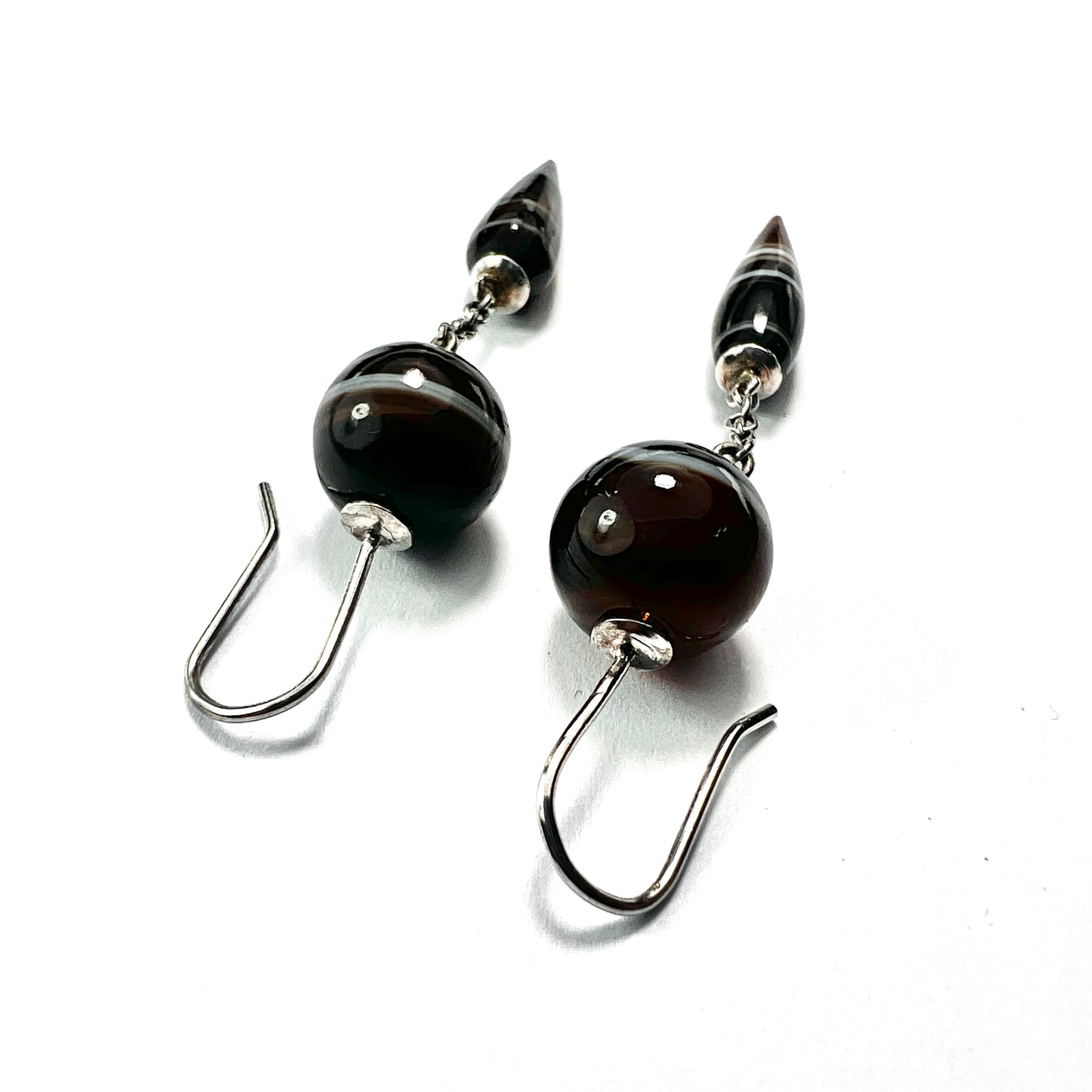 Victorian Scottish Banded Agate Torpedo Drop Silver Earrings
