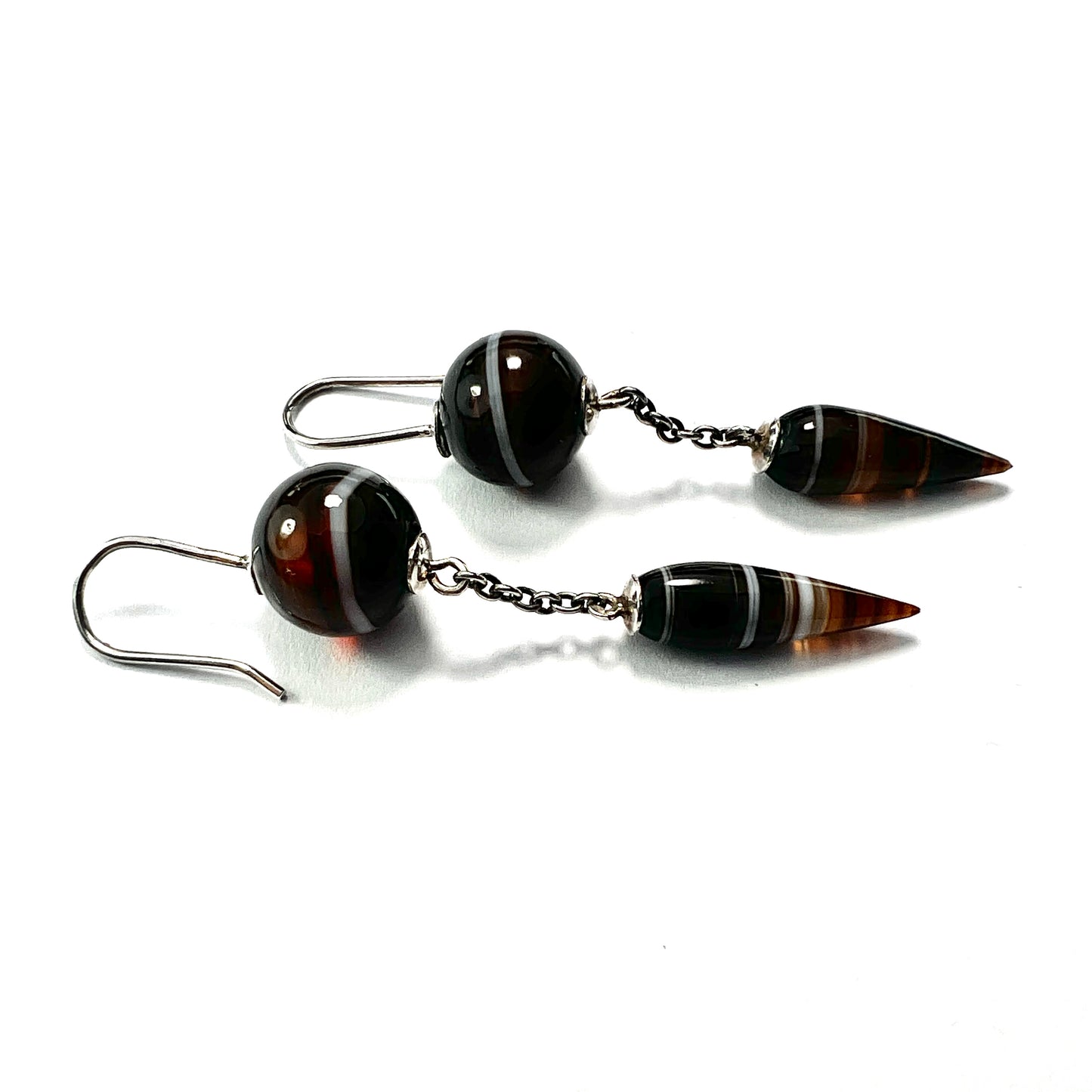Victorian Scottish Banded Agate Torpedo Drop Silver Earrings