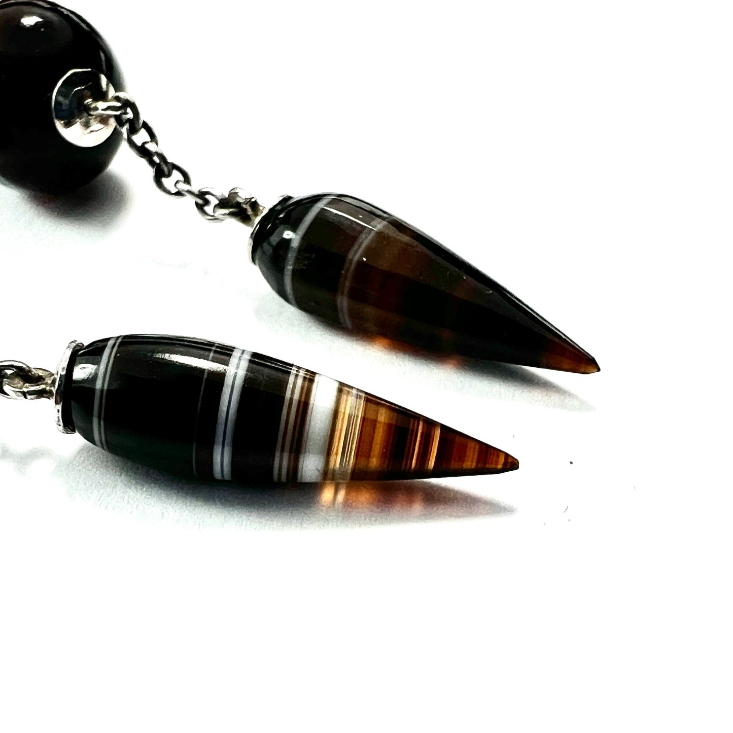 Victorian Scottish Banded Agate Torpedo Drop Silver Earrings