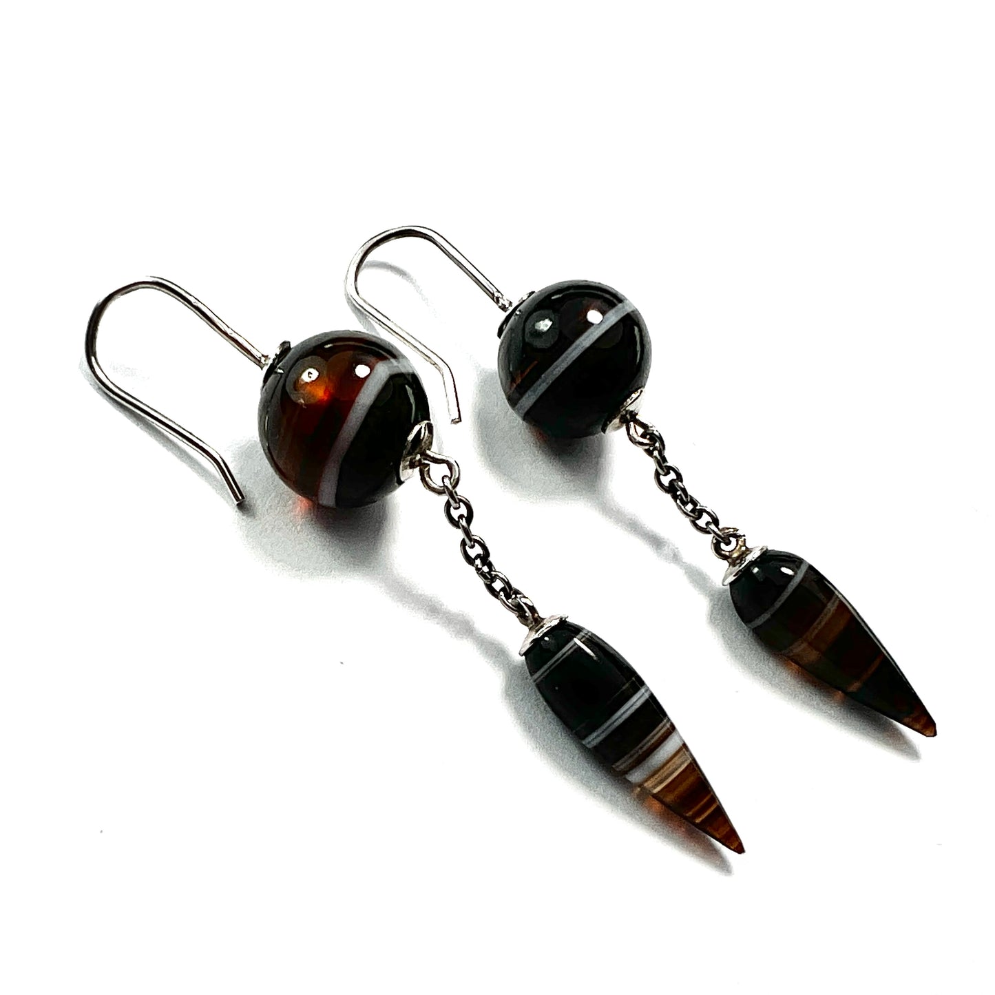 Victorian Scottish Banded Agate Torpedo Drop Silver Earrings