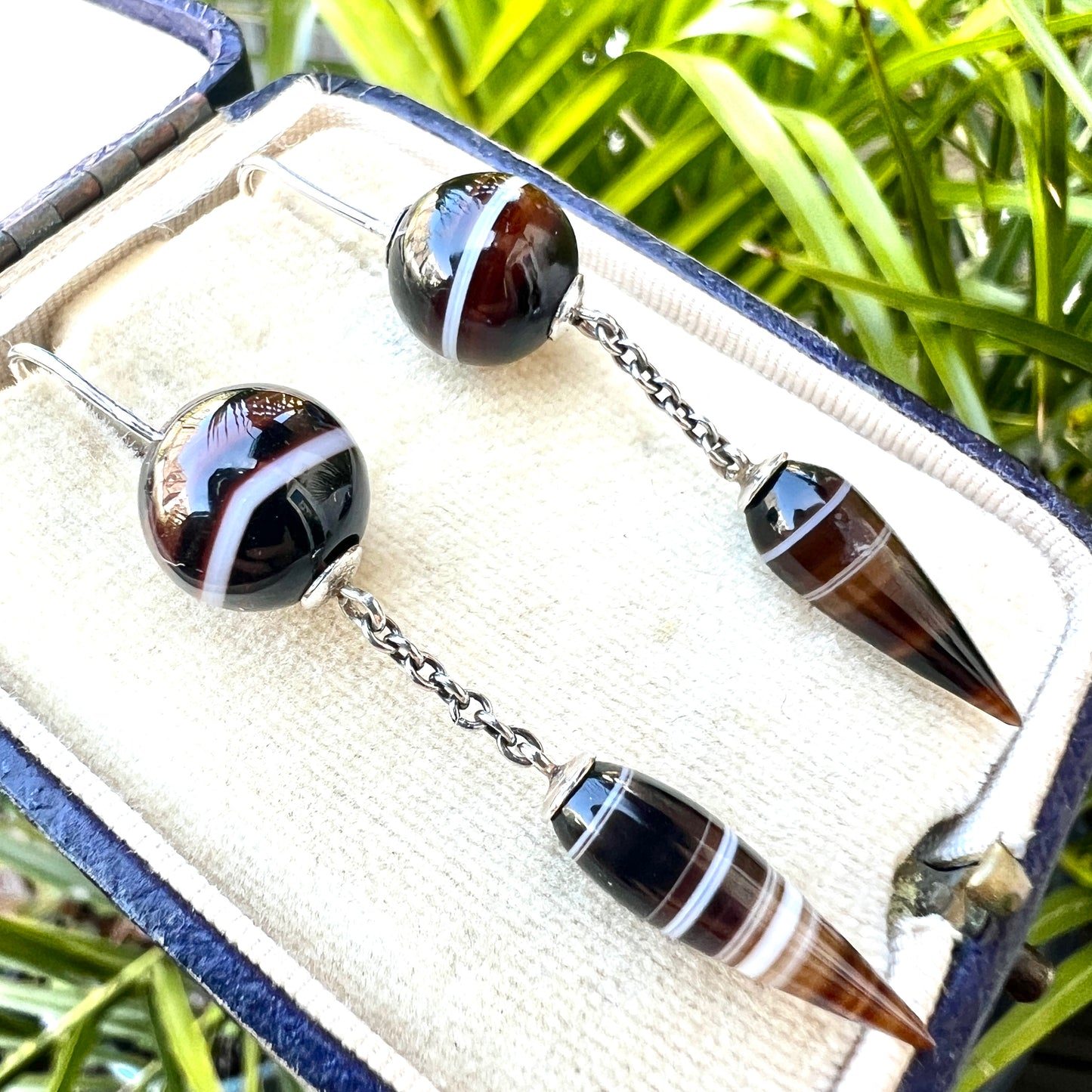 Victorian Scottish Banded Agate Torpedo Drop Silver Earrings