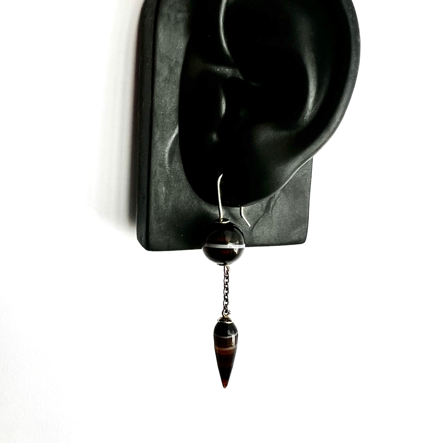 Victorian Scottish Banded Agate Torpedo Drop Silver Earrings