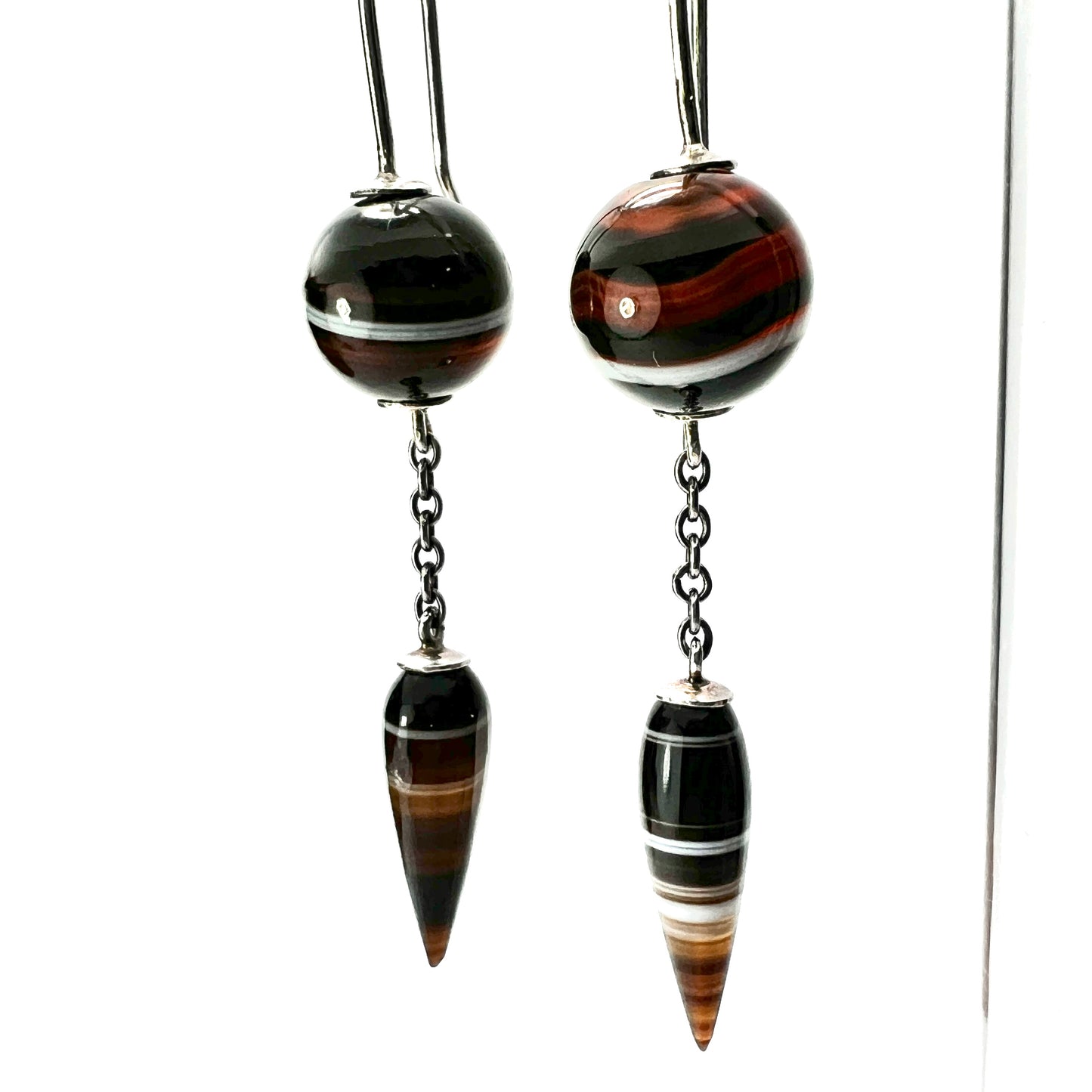 Victorian Scottish Banded Agate Torpedo Drop Silver Earrings