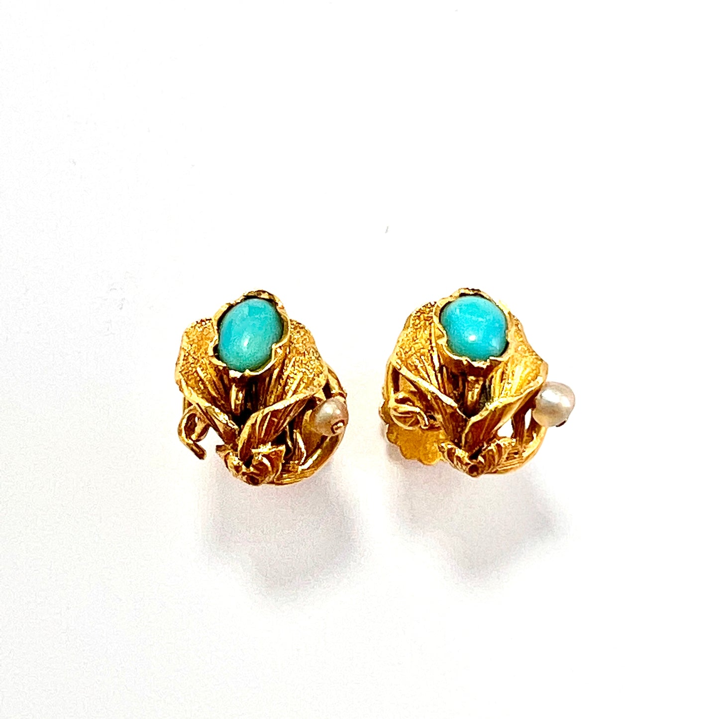 Rare Art Nouveau 15CT Gold Turquoise and Pearl Stud Earrings