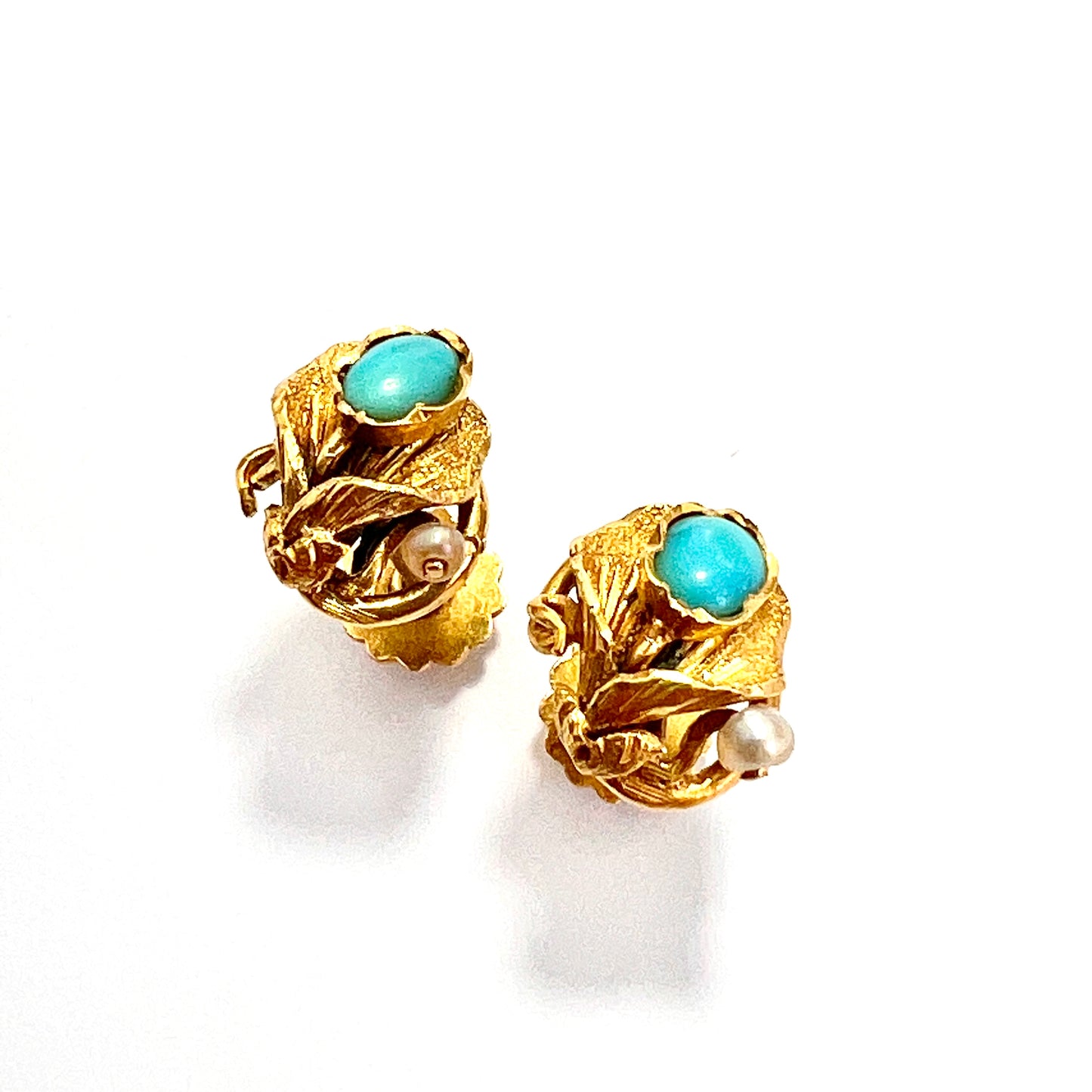 Rare Art Nouveau 15CT Gold Turquoise and Pearl Stud Earrings